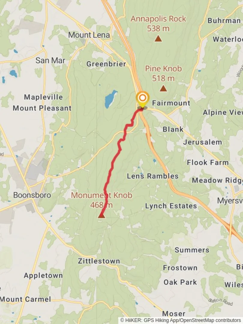 An image depicting the trail Monument Knob via Appalachian National Scenic Trail and its surrounding area.