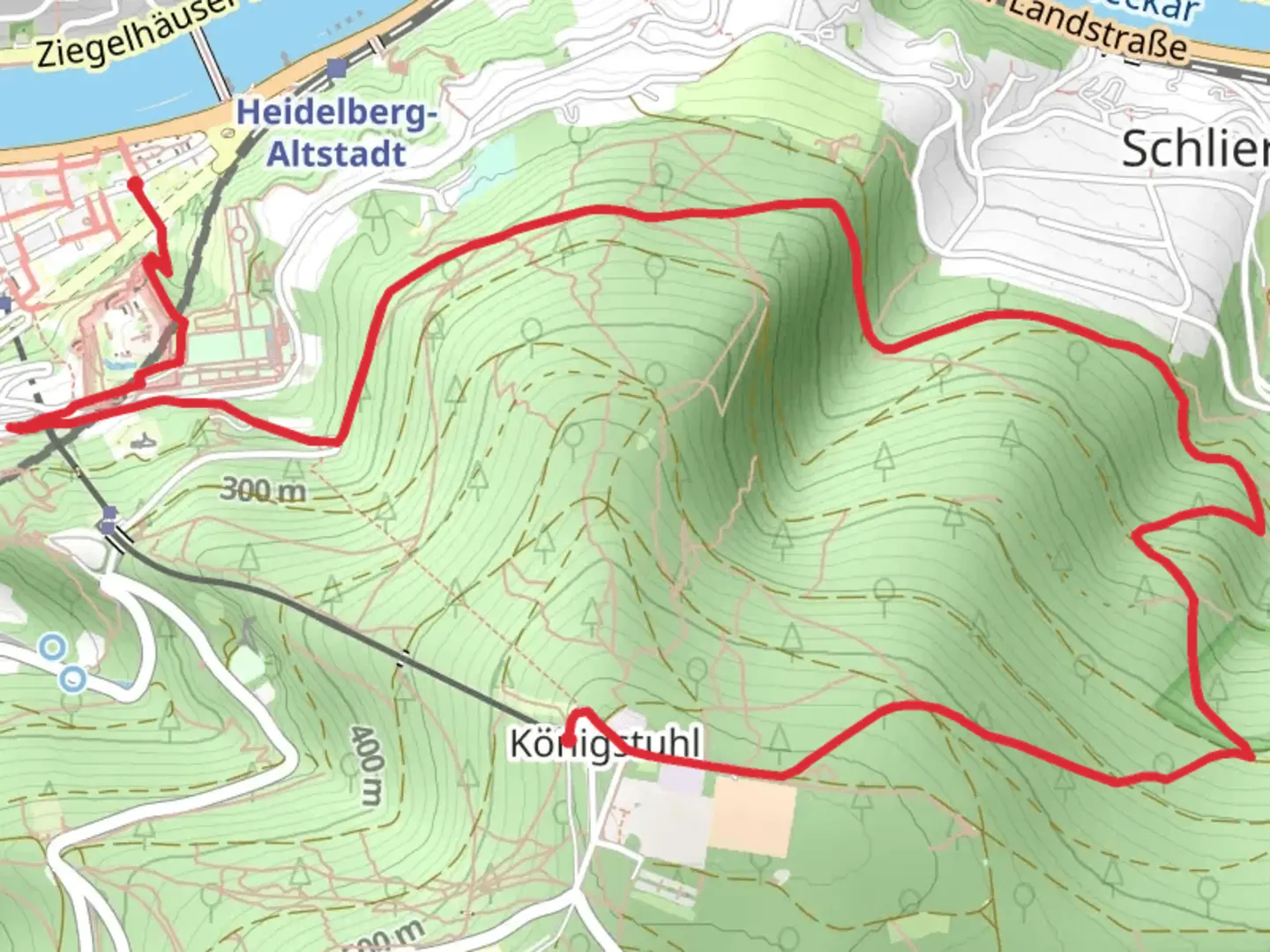 An image depicting the trail Koenigstuhl to Rathaus via Linker Neckarrandweg and its surrounding area.