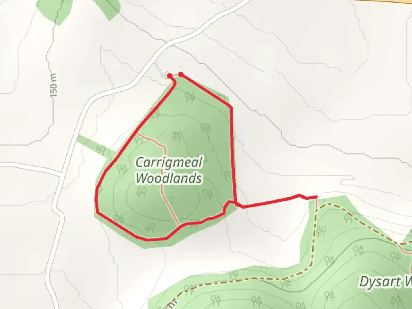 An image depicting the trail Carrigmeal Woodlands Loops - Milo's Circuit and its surrounding area.