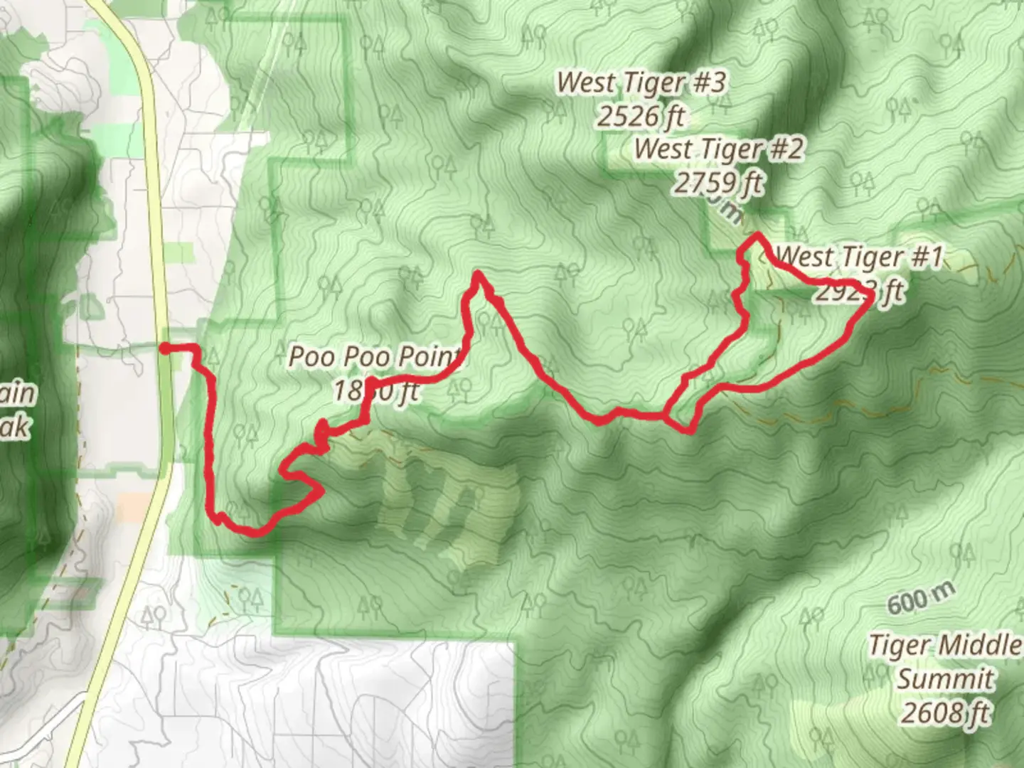 An image depicting the trail Poo-Poo Point and West Tiger 1 Loop Trail and its surrounding area.