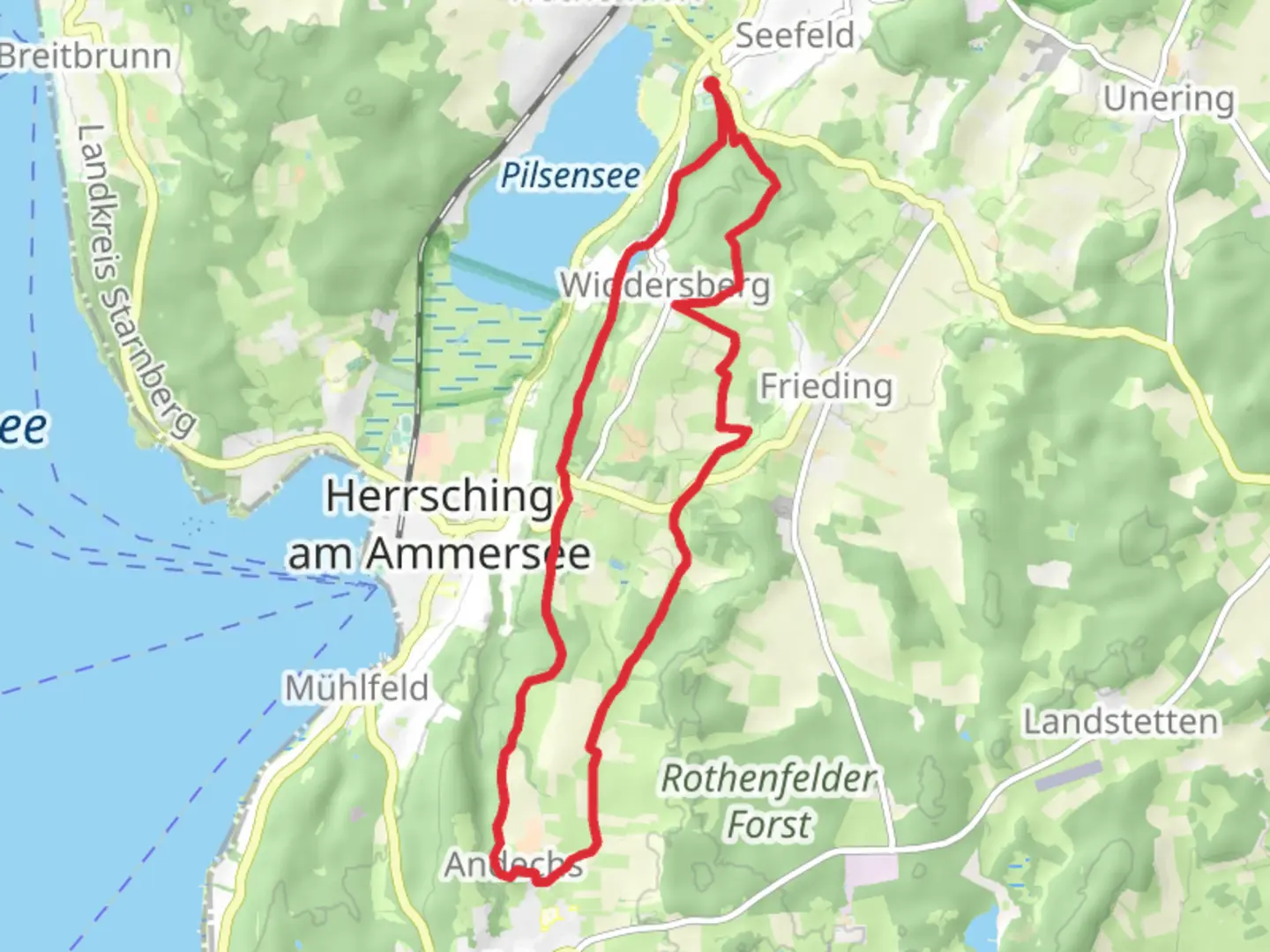 An image depicting the trail Widdersberg and Andechs Loop from Pilsensee and its surrounding area.