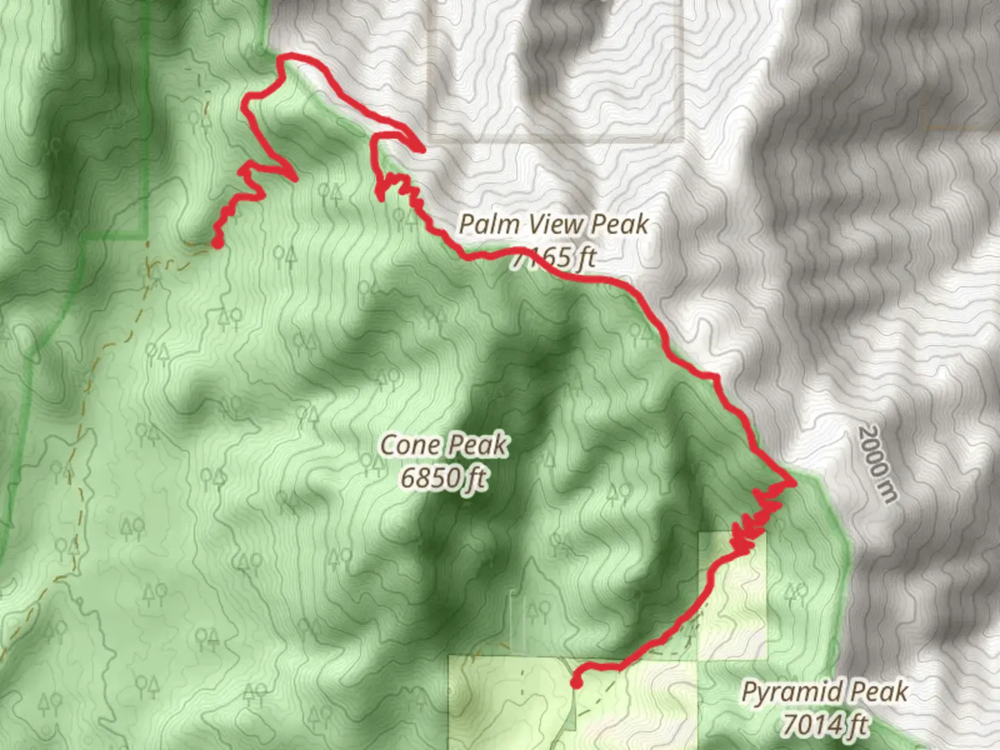 An image depicting the trail Palm View Peak via Pacific Crest Trail and its surrounding area.