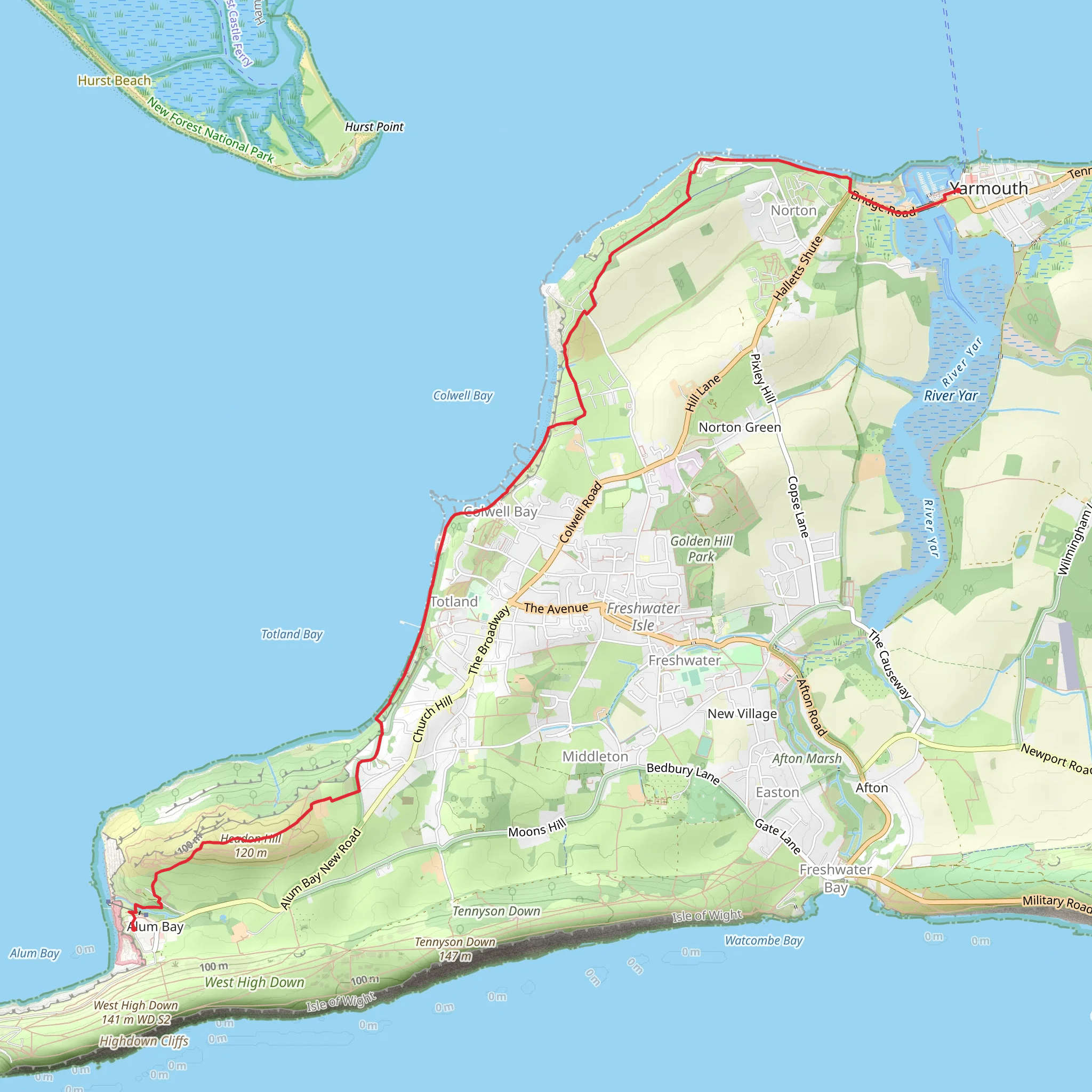 Alum Bay to Yarmouth via Headon Hill, Warden Point and Fort Victoria Park mobile static map