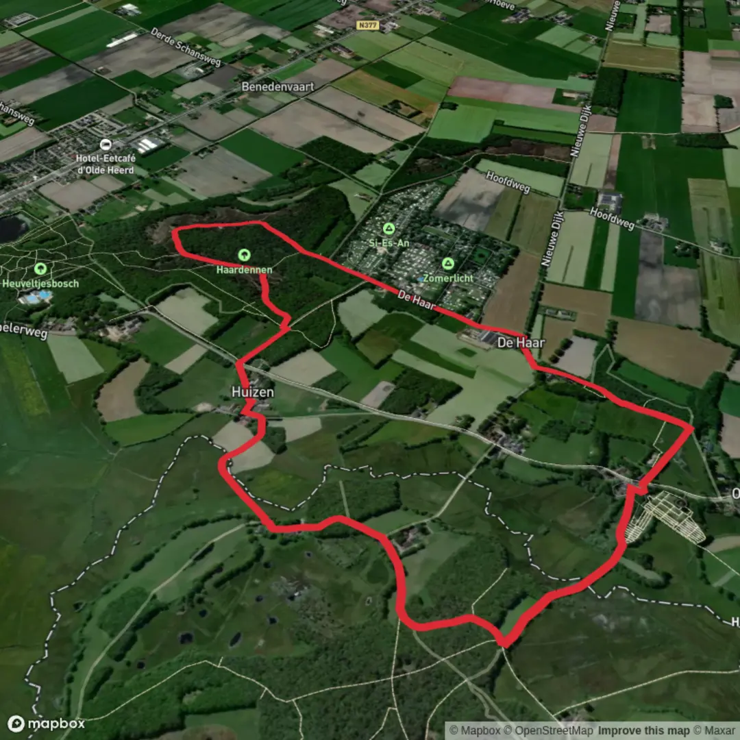 An image depicting the trail Haardennen via Kerkenpad and De Haar and its surrounding area.