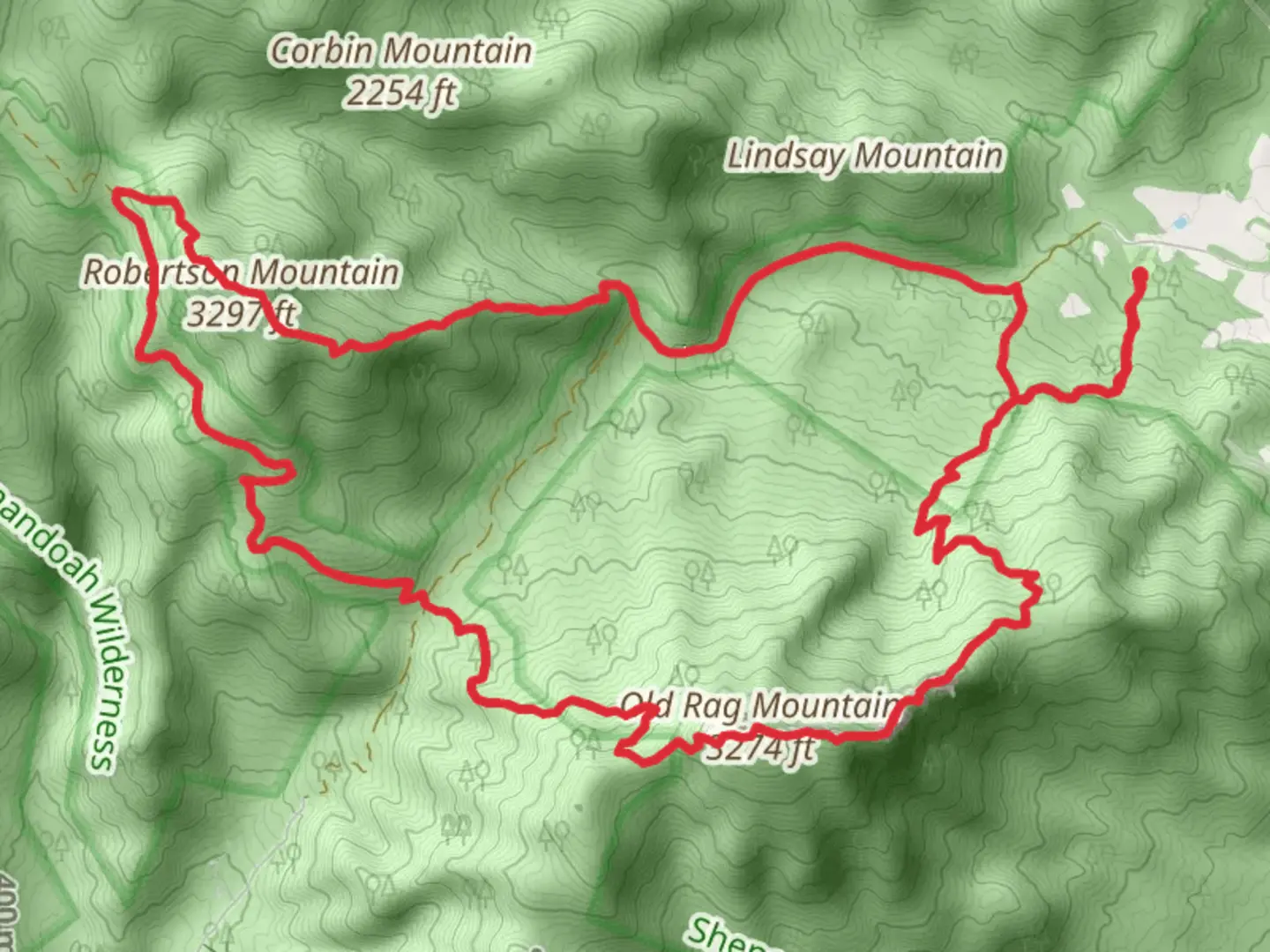 An image depicting the trail Old Rag Mountain and Robertson Mountain via ridge Trail and Old Rag Fire Road Loop and its surrounding area.