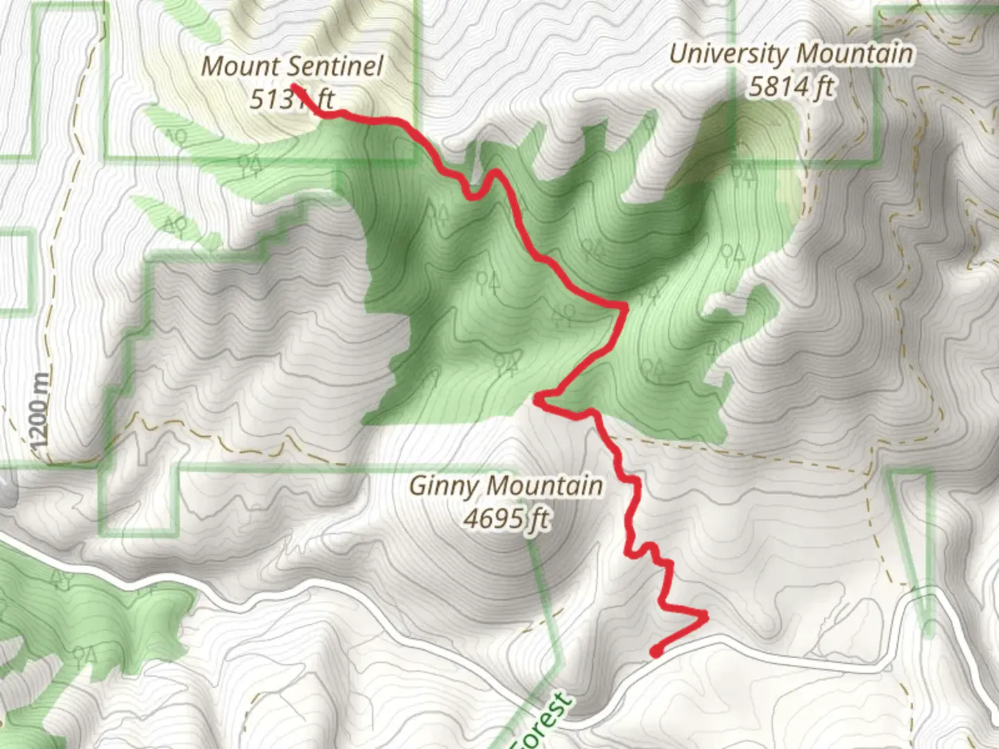 An image depicting the trail Mount Sentinel from Pattee Canyon Road and its surrounding area.