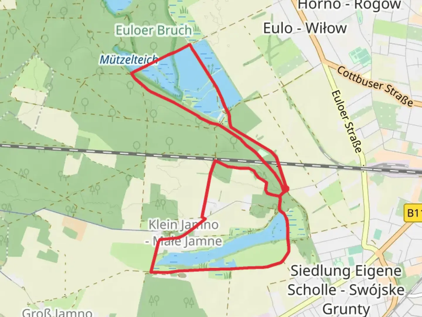 An image depicting the trail Klein Jamnower Teich and Euloer Teiche Loop and its surrounding area.