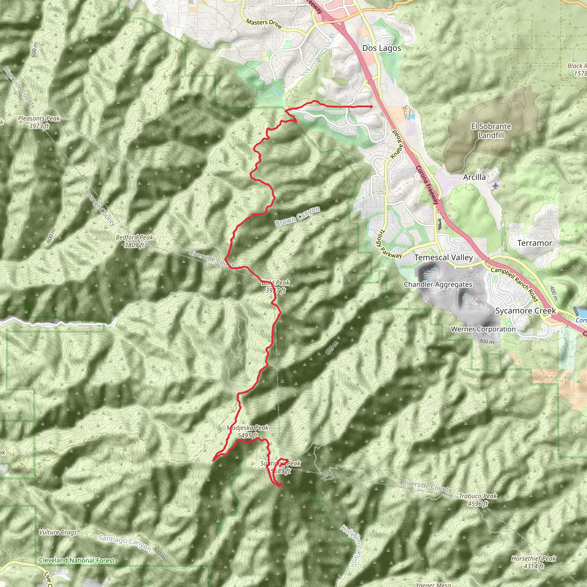 Bald Peak and Santiago Peak via Bedford Motorway mobile static map