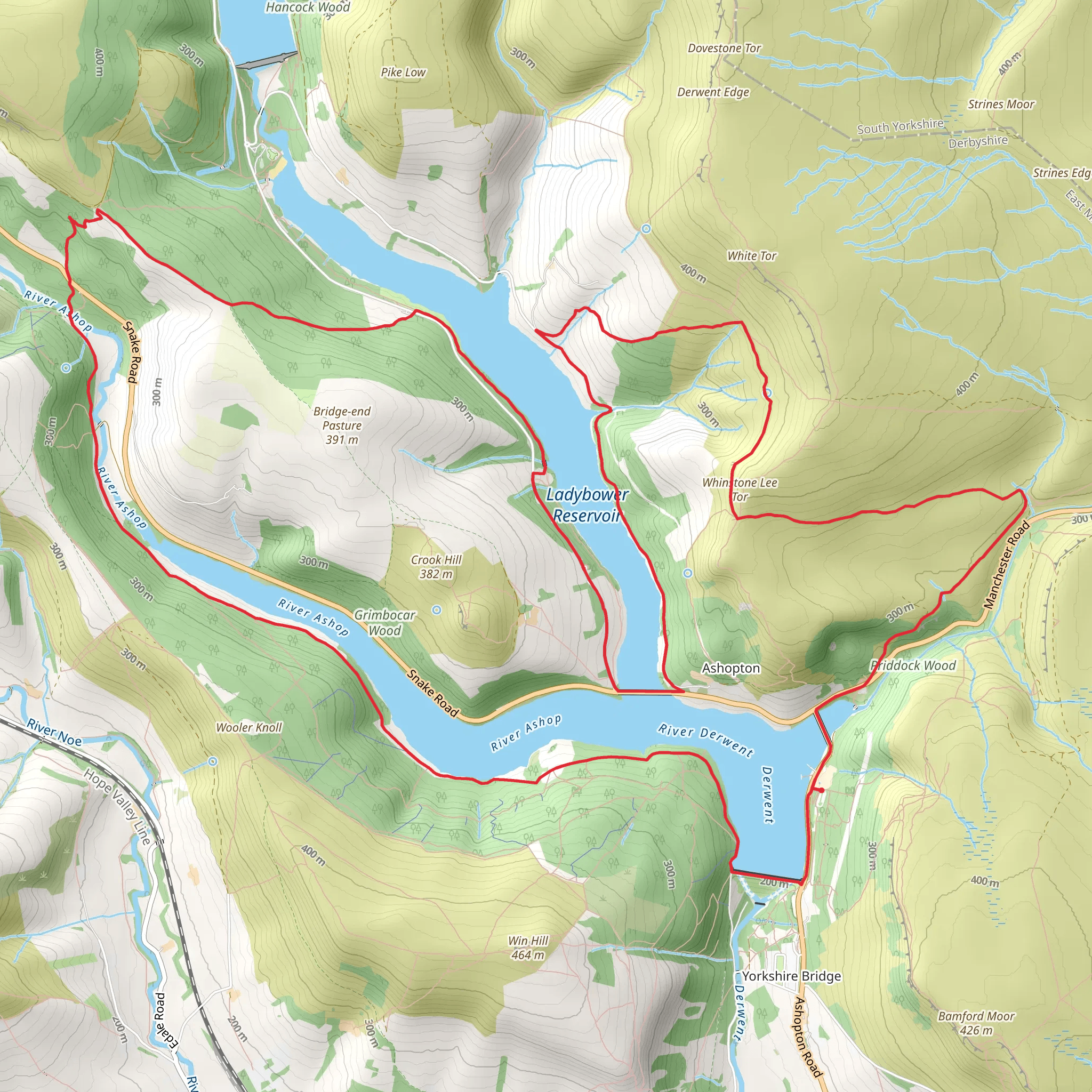 Whinstone Lee Tor, Grimbocar Wood and Ladybower Reservoir Loop mobile static map