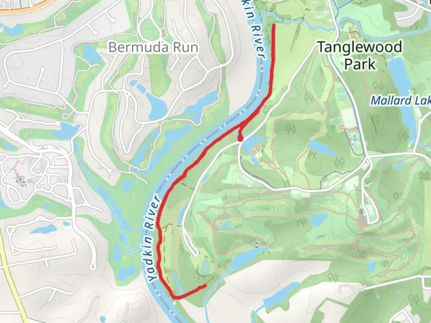 An image depicting the trail Yadkin River and Wood Duck Way and its surrounding area.