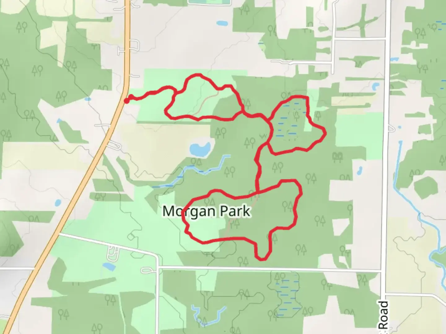 An image depicting the trail Meadow Trail, Fern Trail and Sassafras Trail and its surrounding area.