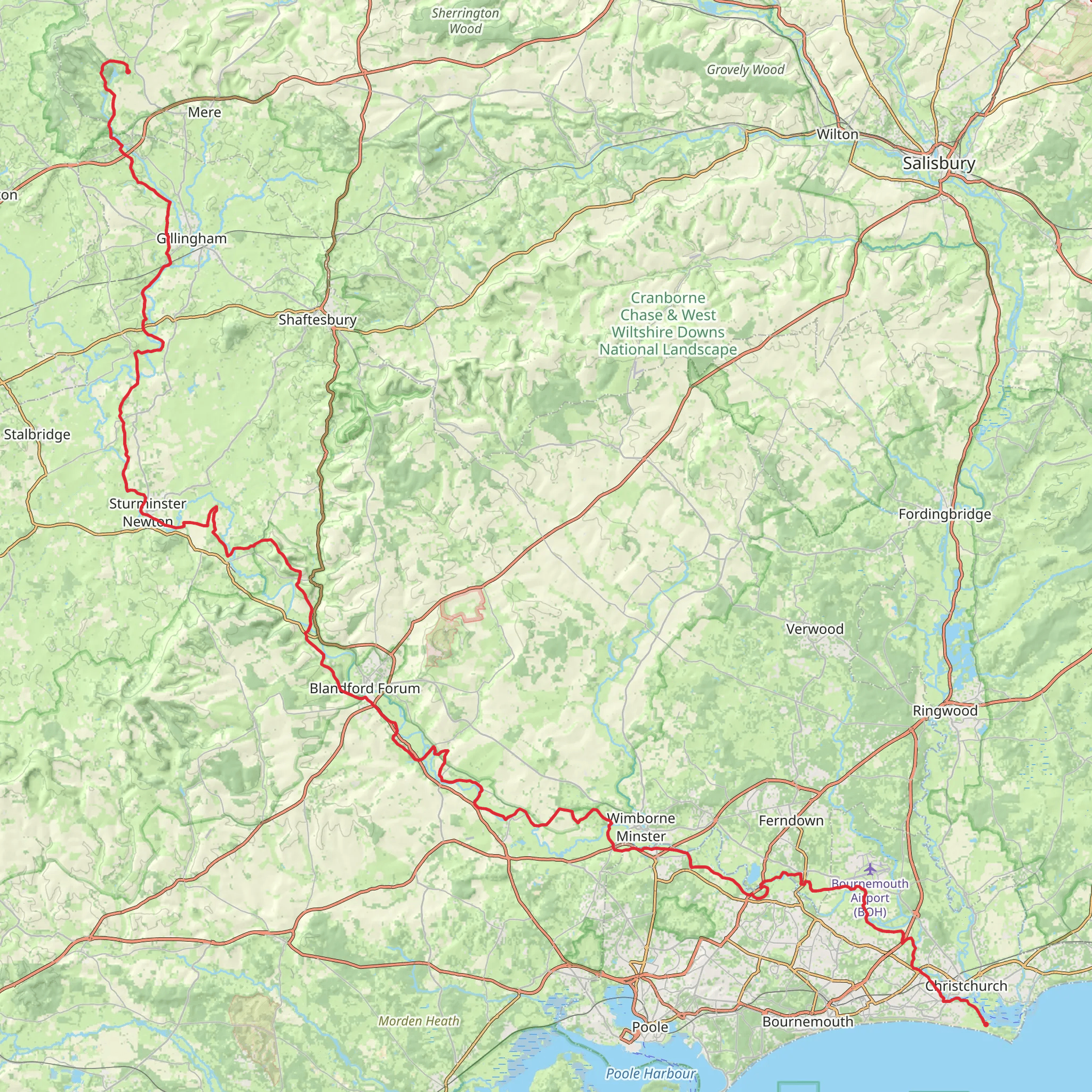Hengistbury Head, Christchurch to Stourhead via Stour Valley Way mobile static map