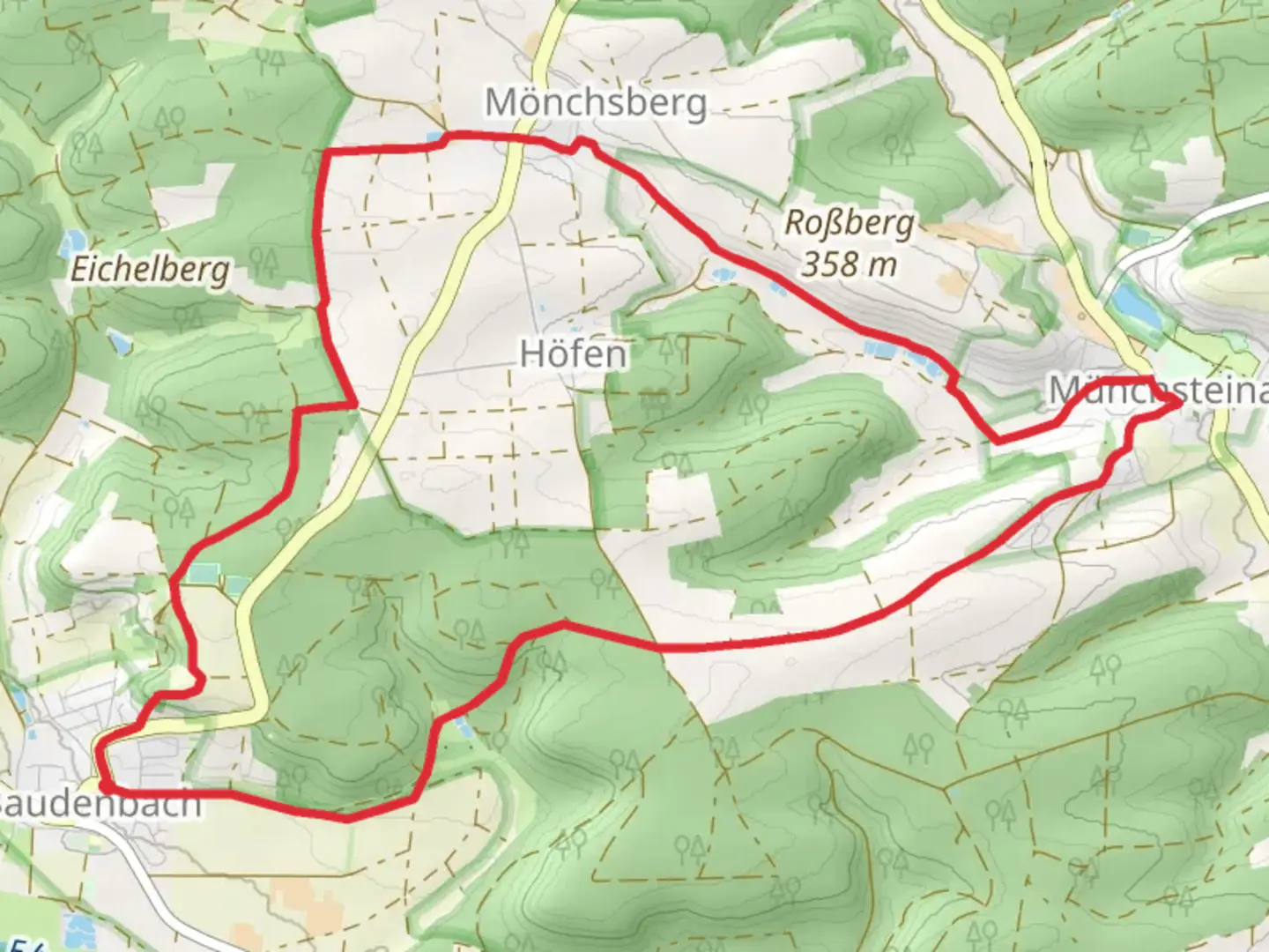 An image depicting the trail Baudenbach Rundweg and its surrounding area.