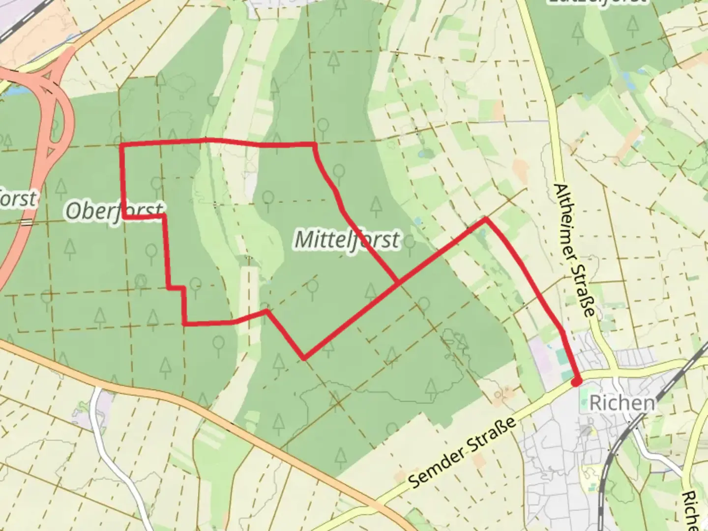 An image depicting the trail Hohe Strasse and Mittelforst Weg and its surrounding area.