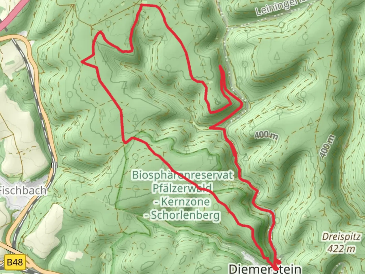 An image depicting the trail Glasbach and Ritterstein Loop via Pfaelzerwald Weisses Kreuz and its surrounding area.