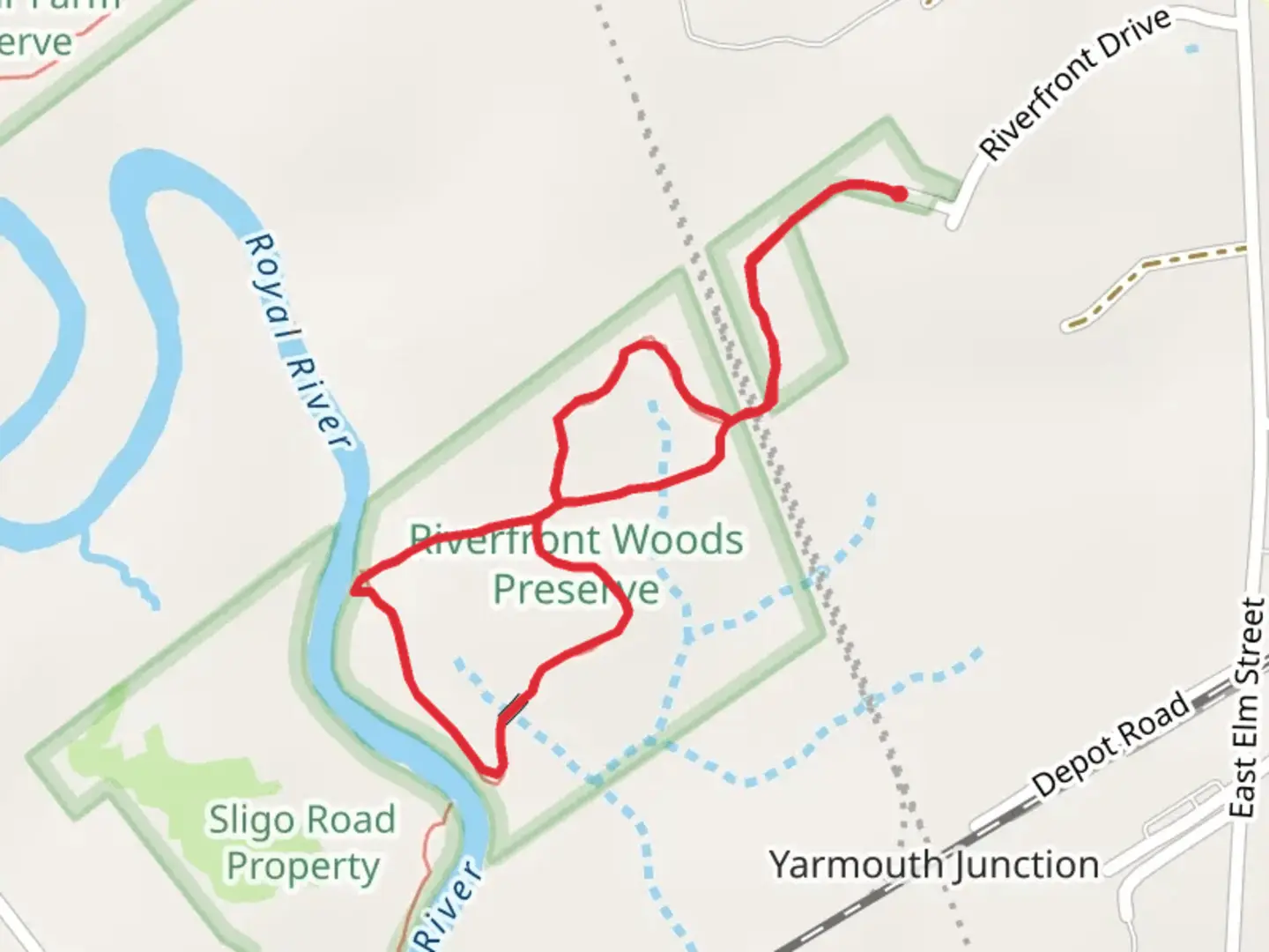 An image depicting the trail Royal River from Alder Brook Lane and its surrounding area.