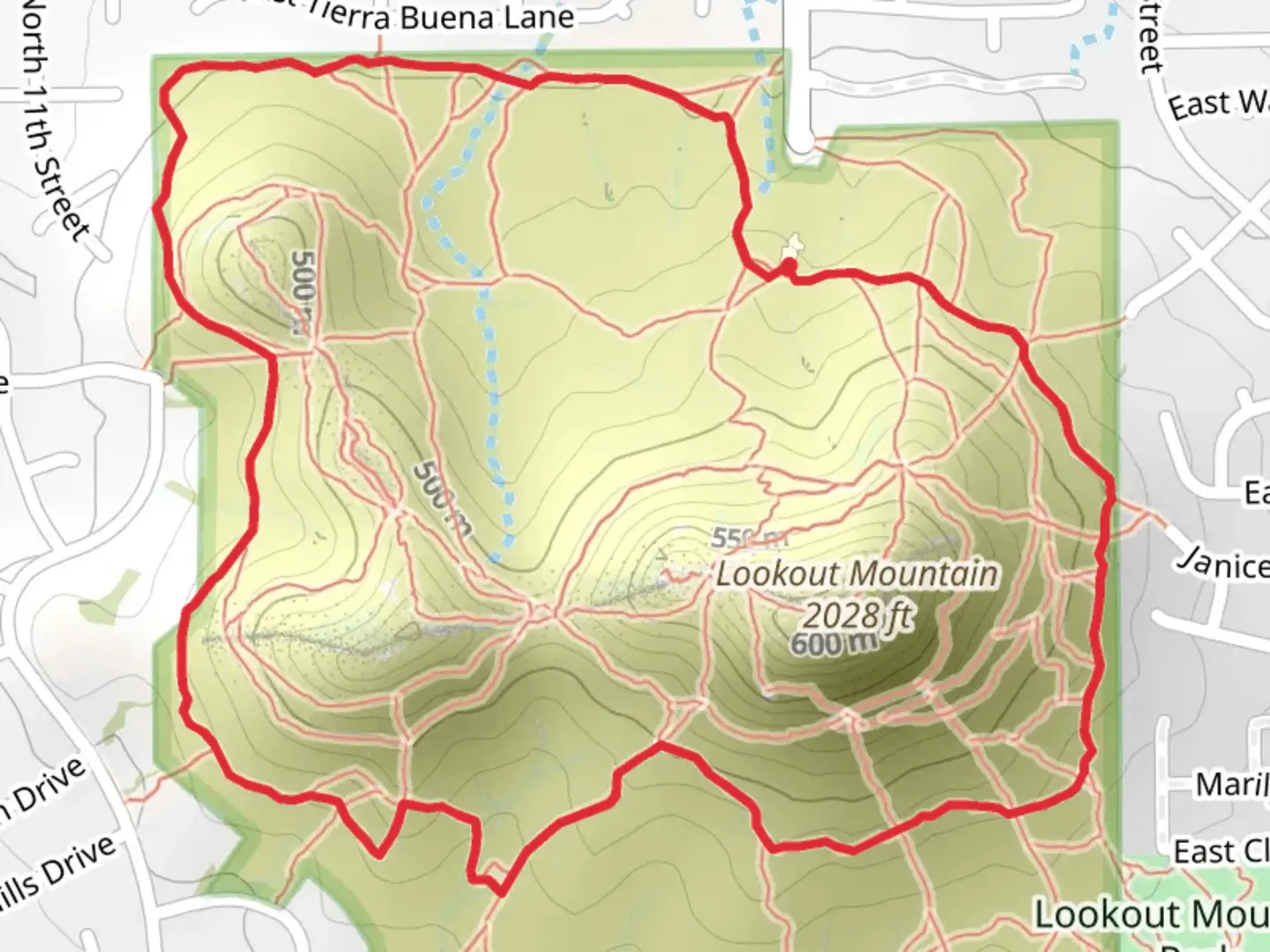 An image depicting the trail Lookout Mountain Outer Loop and Trail 308 and its surrounding area.