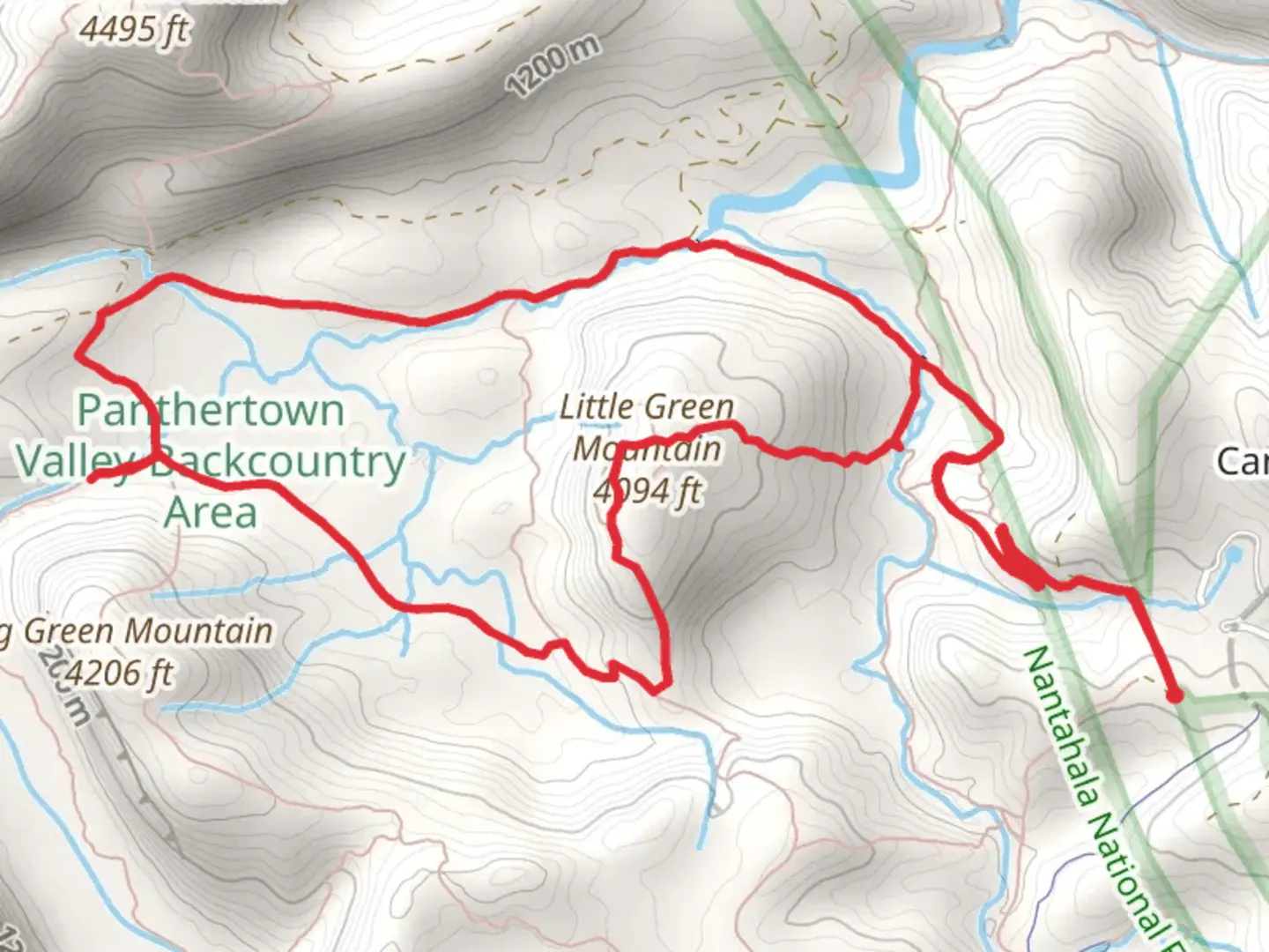 An image depicting the trail Little Green Mountain and Panthertown Valley Loop Trail and its surrounding area.