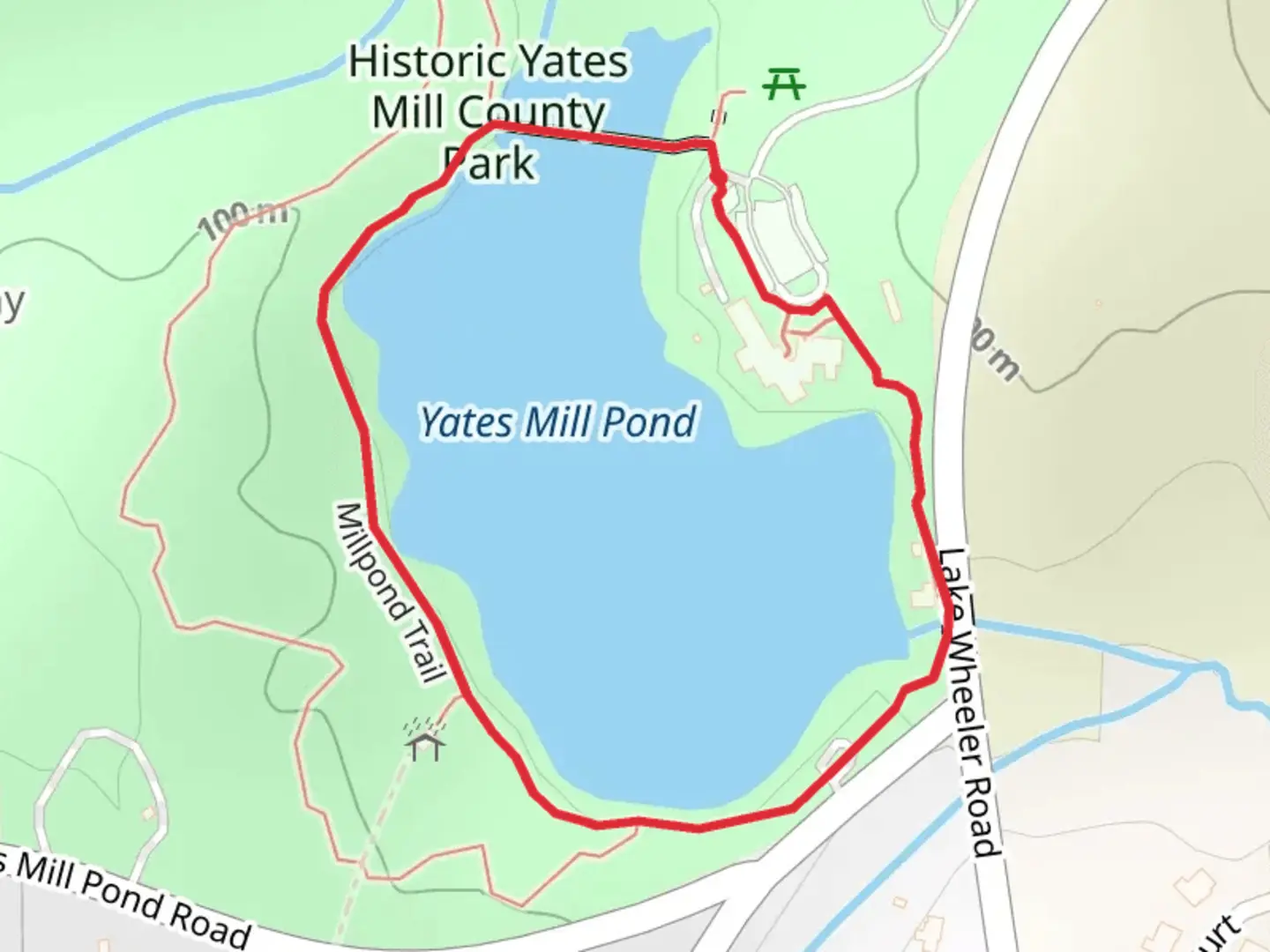 An image depicting the trail Yates Mill Pond Loop and its surrounding area.