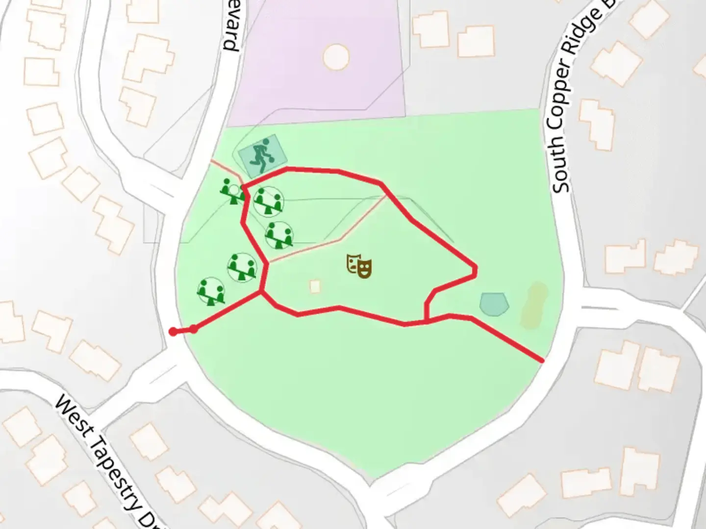 An image depicting the trail Whispering Pines Park Loop and its surrounding area.