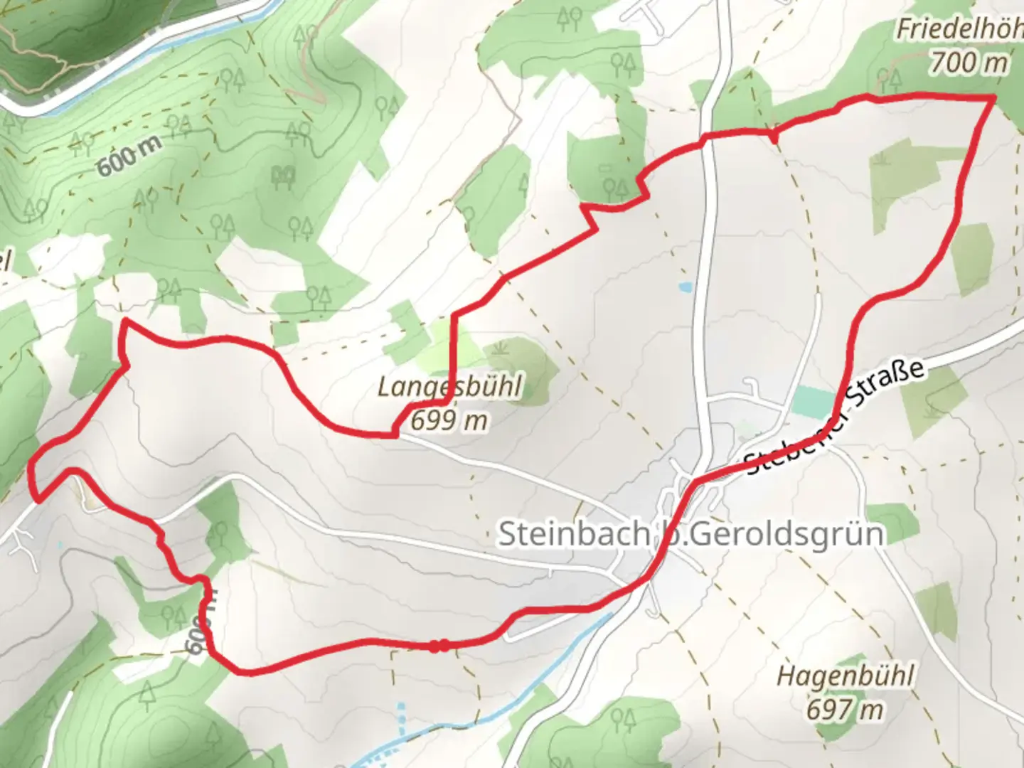 An image depicting the trail Langesbühl Loop from Steinbach B Geroldsgrun and its surrounding area.