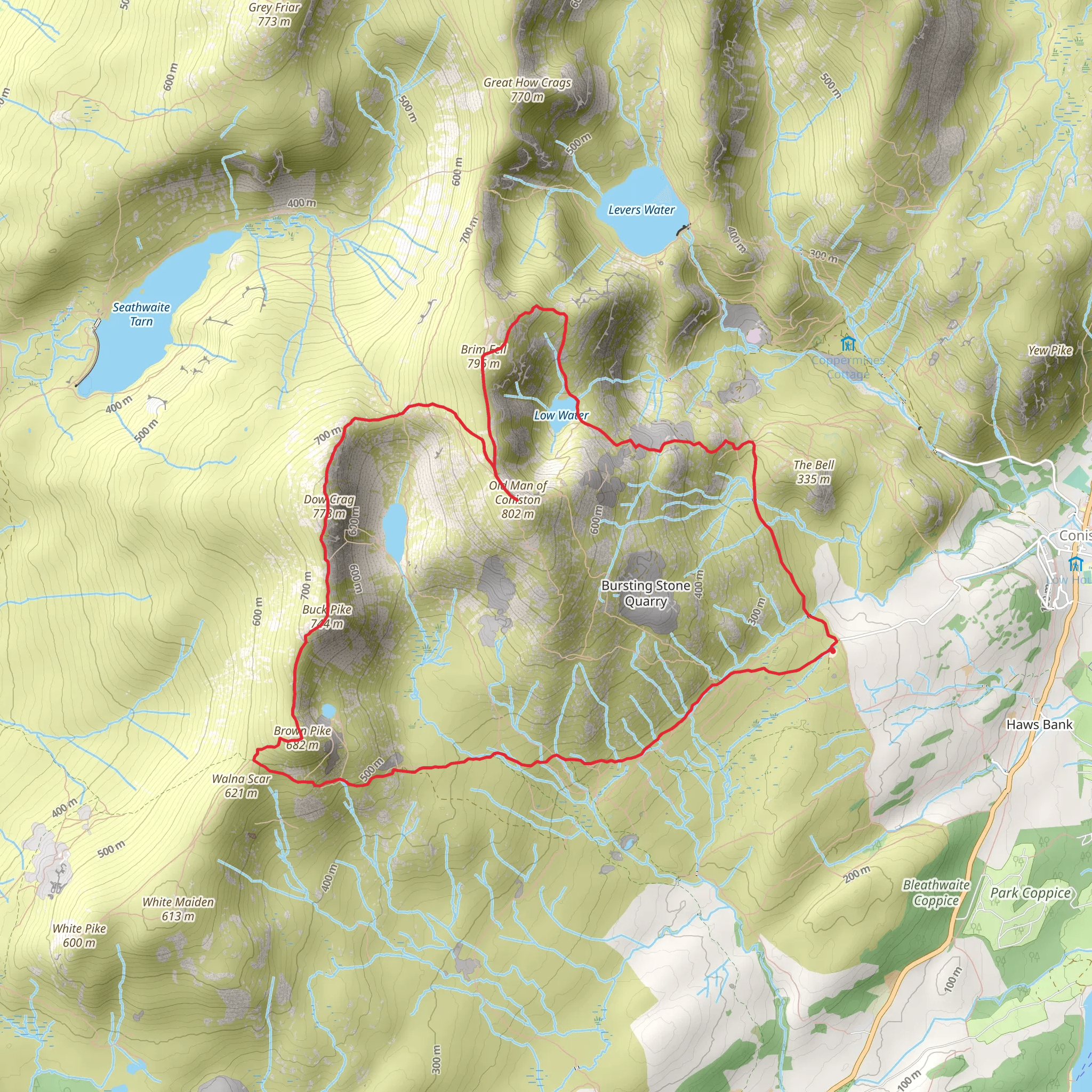Brown Pike, Dow Crag, Old Man of Coniston and Low Water Loop mobile static map