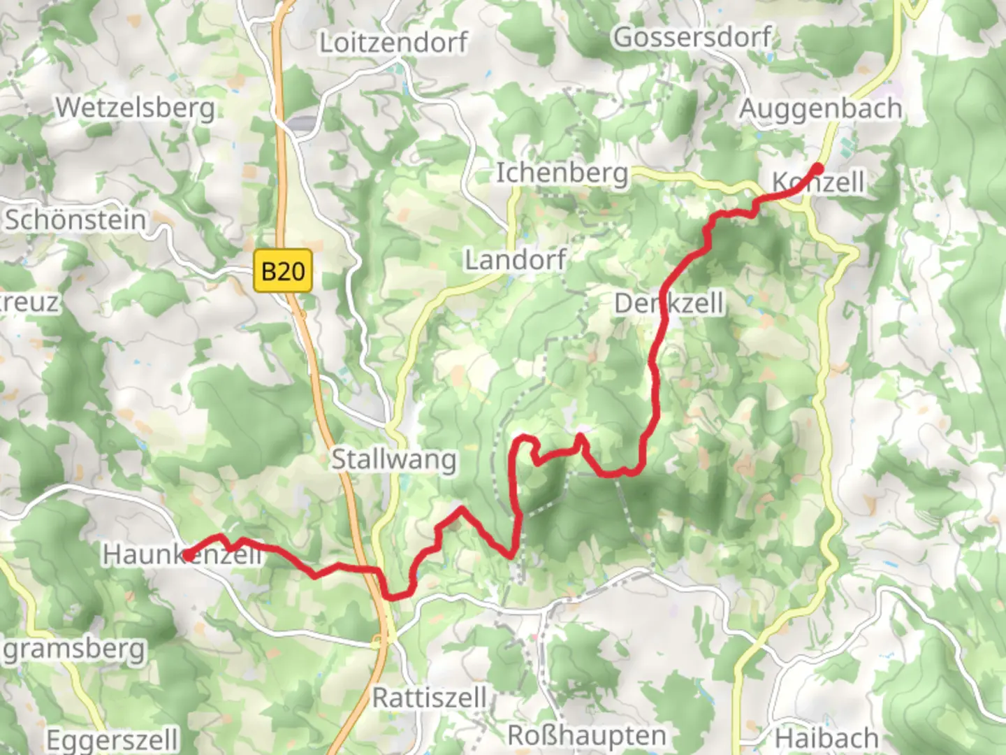 An image depicting the trail Haunkenzell to Konzell Walk via Gallner Berg and its surrounding area.