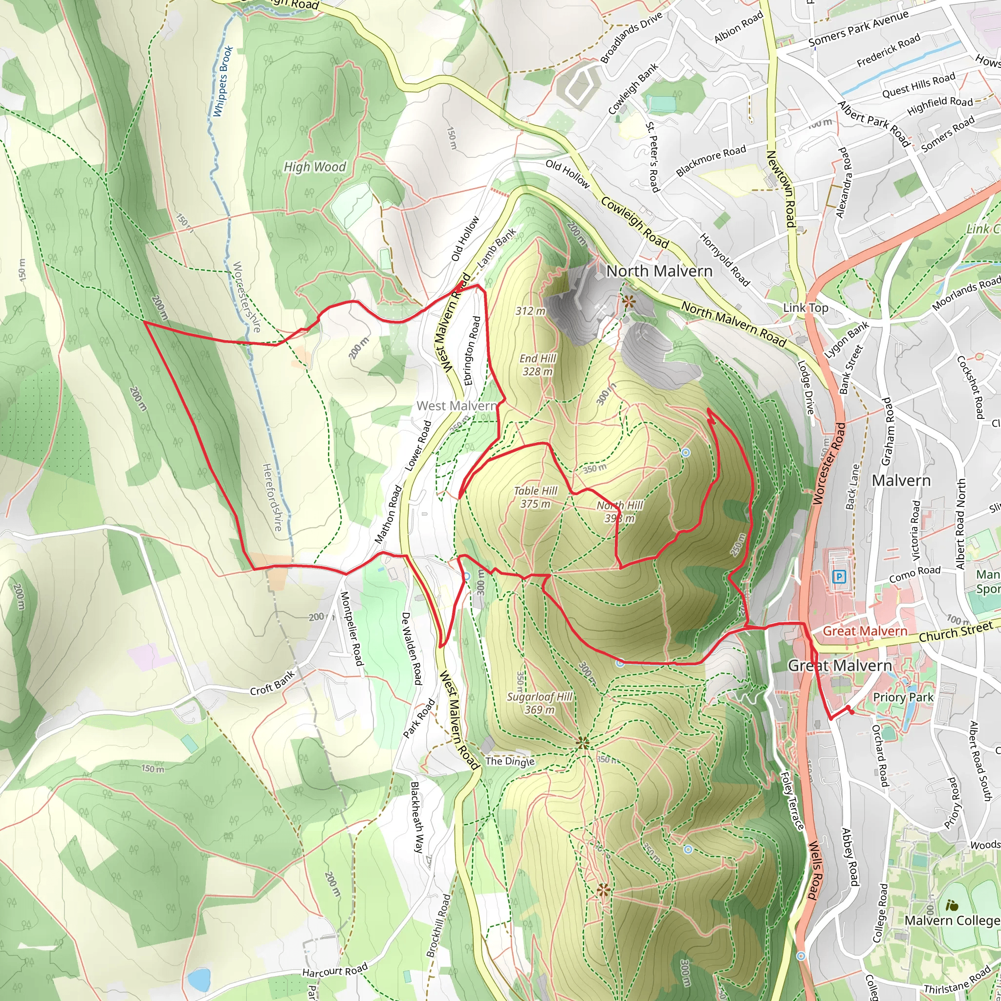 North Hill and Table Hill via Worcestershire Way mobile static map