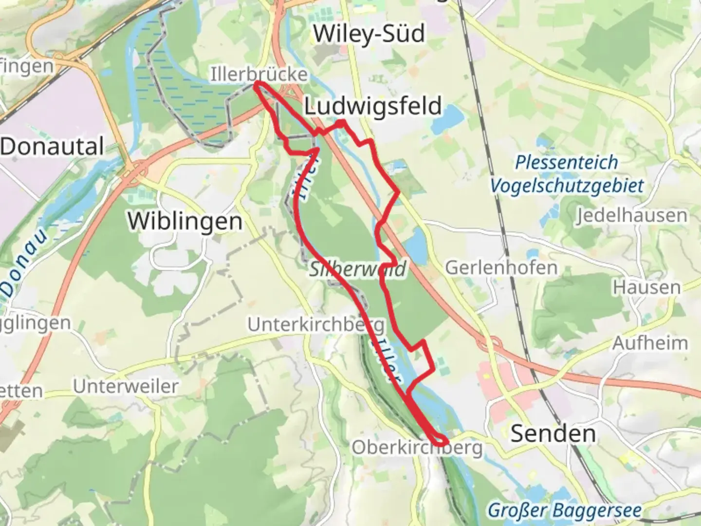 An image depicting the trail Iller via Ulm - Friedrichshafen and Schwalbenweg and its surrounding area.