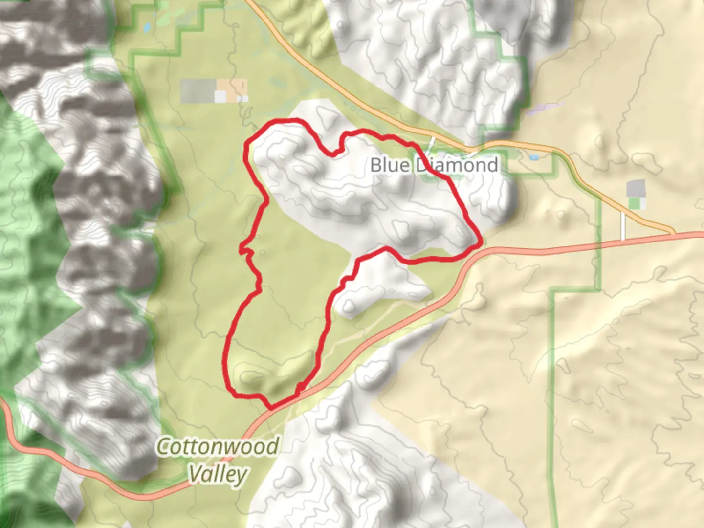 An image depicting the trail Viagra - Mustang - Lil Daytona - Landmine Loop and its surrounding area.