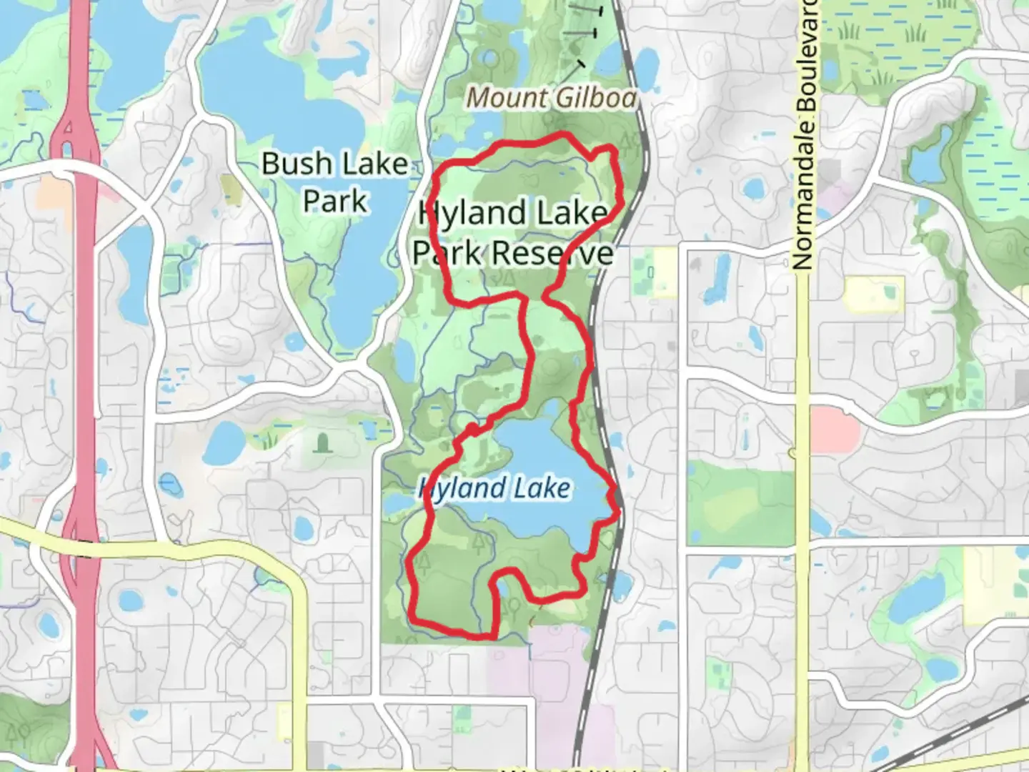 An image depicting the trail Hyland Lake Park Reserve and Hyland Lake Loop and its surrounding area.