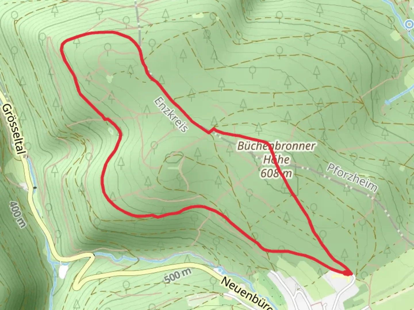 An image depicting the trail Büchenbronner Höhe Loop and its surrounding area.