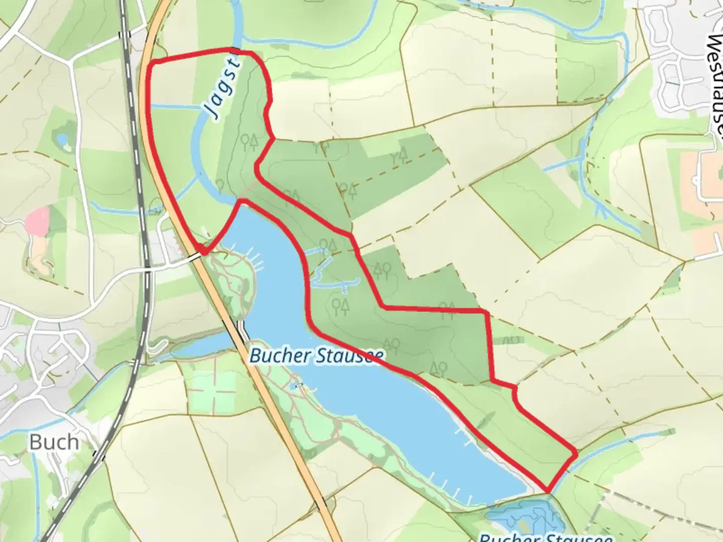 An image depicting the trail Bucher Stausee Eastside Loop and its surrounding area.