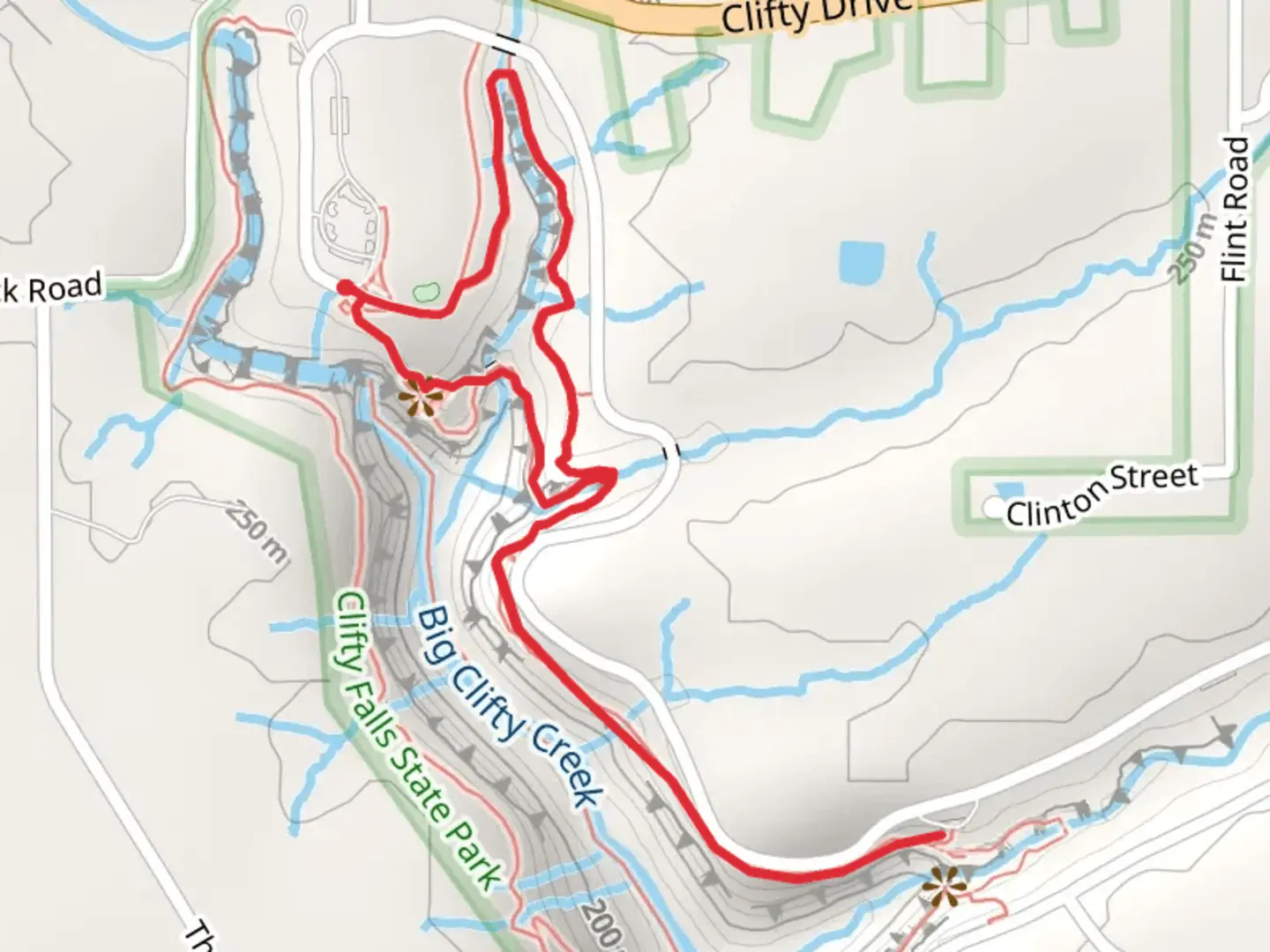 An image depicting the trail Little Clifty Falls and Creek Loop and its surrounding area.