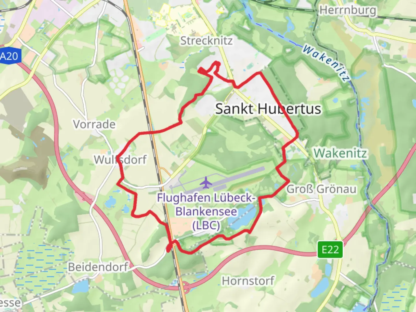 An image depicting the trail Lubeck Airport Circular Route and its surrounding area.