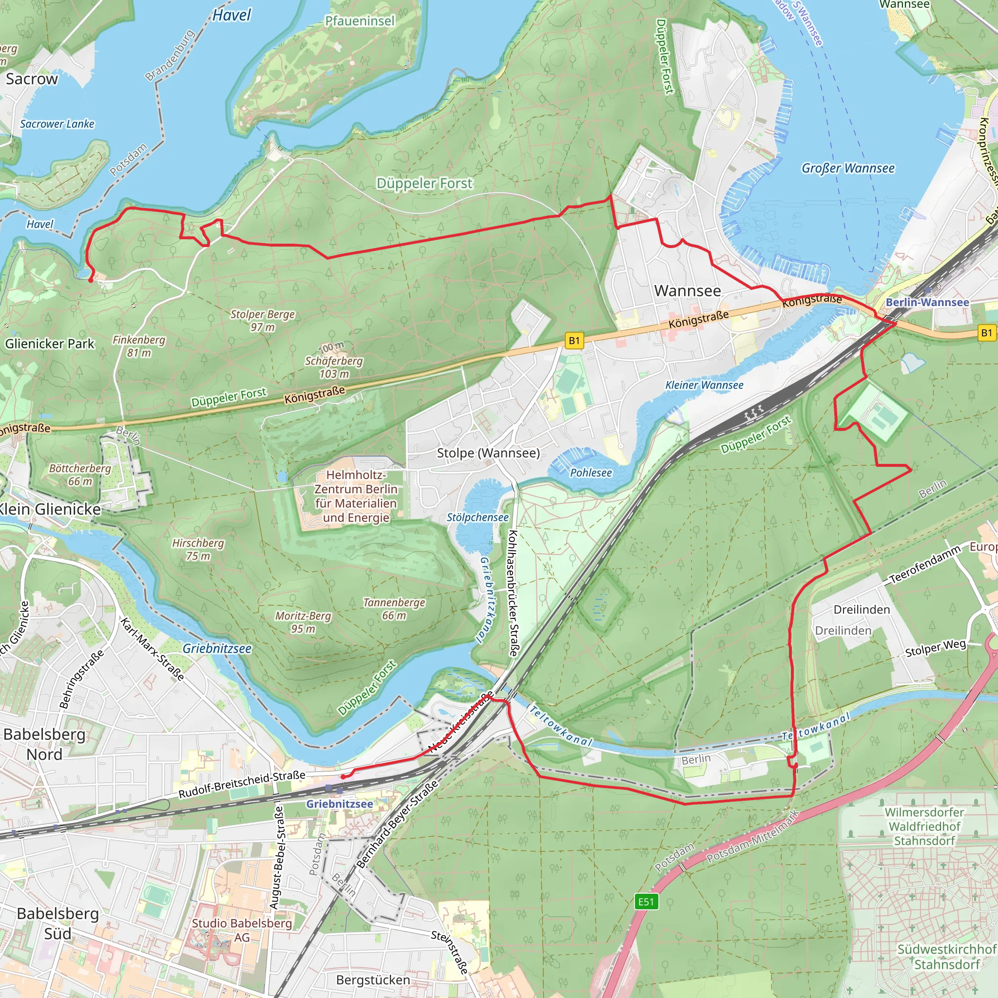 Griebnitzsee to Krunghorn via Waldweg Dreilinden mobile static map