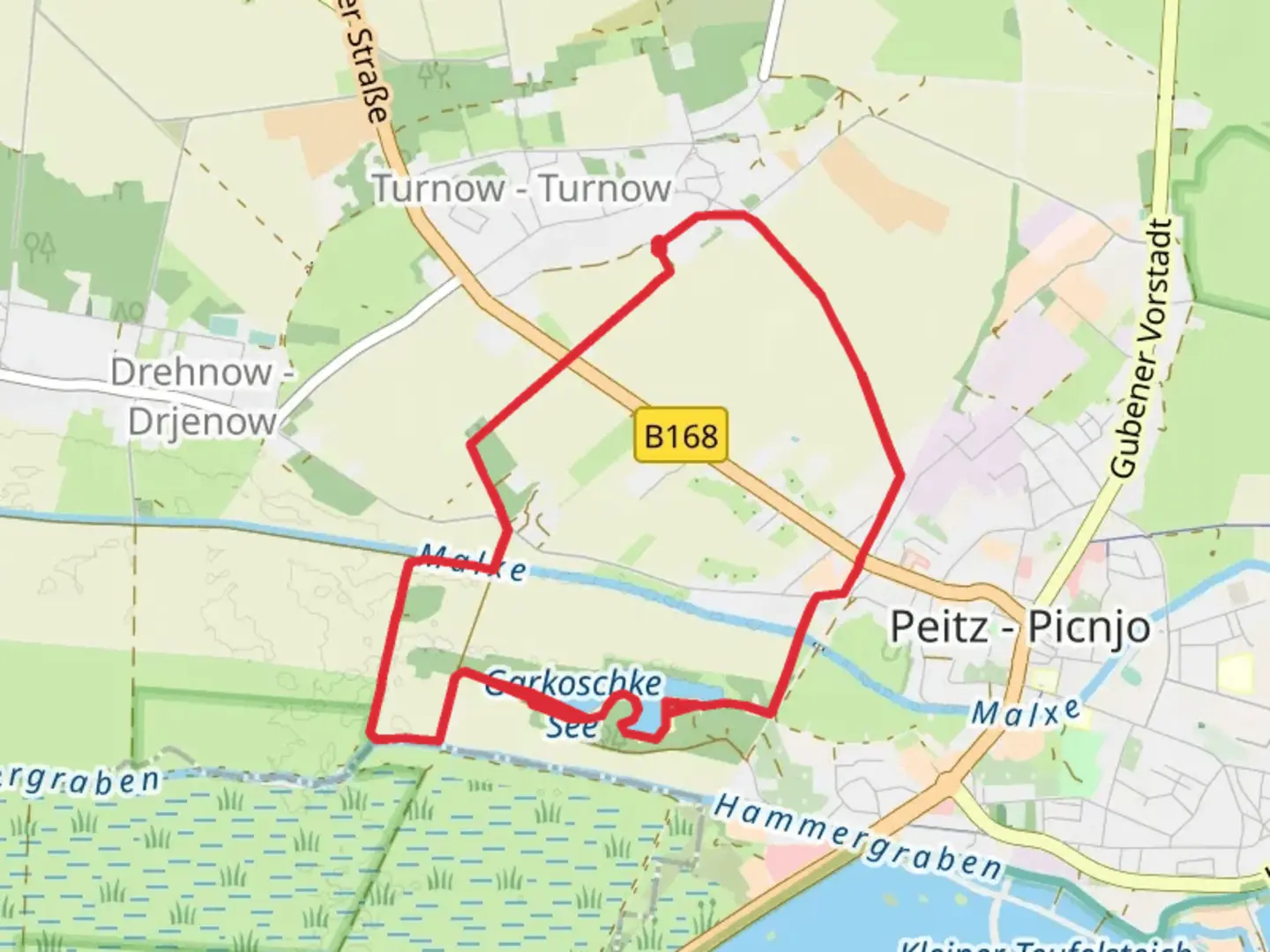 An image depicting the trail Garkoschke See via Ottendorfer Ausbau and its surrounding area.