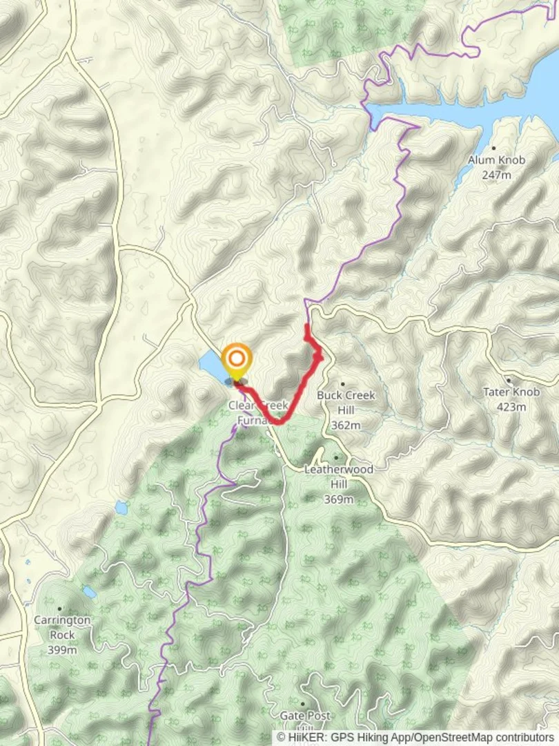 An image depicting the trail Sheltowee Trace Short Trail from Clear Creek Lake and its surrounding area.