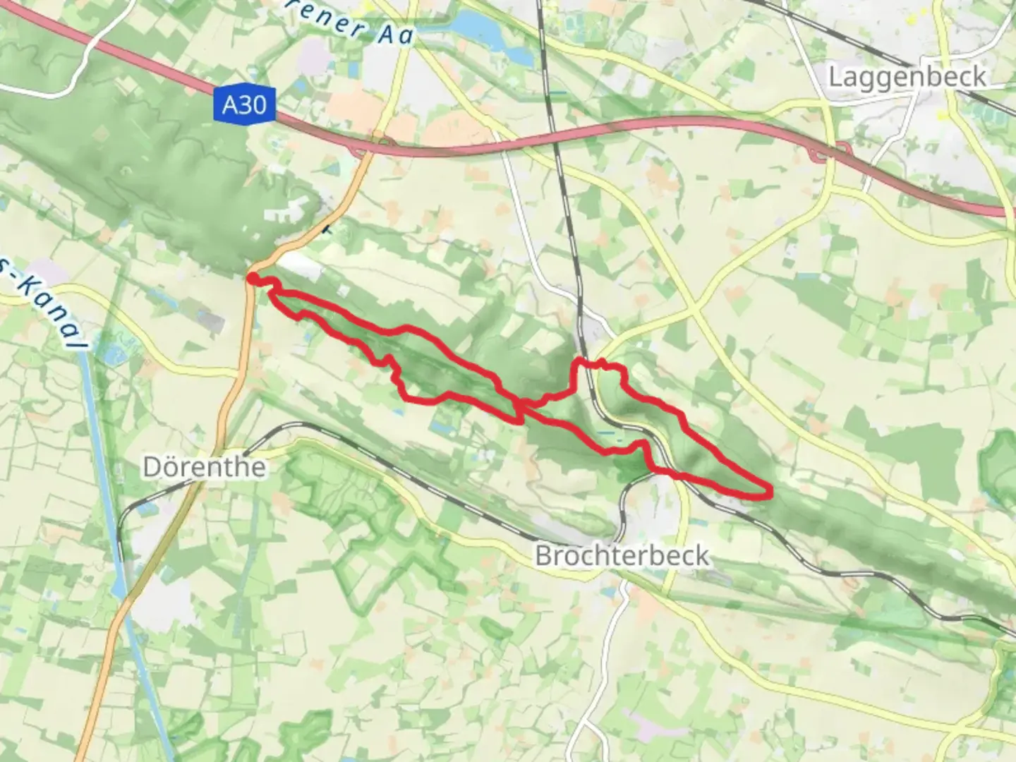 An image depicting the trail NSG Dorenther Klippen Loop via Ibbenburener Rundweg and its surrounding area.