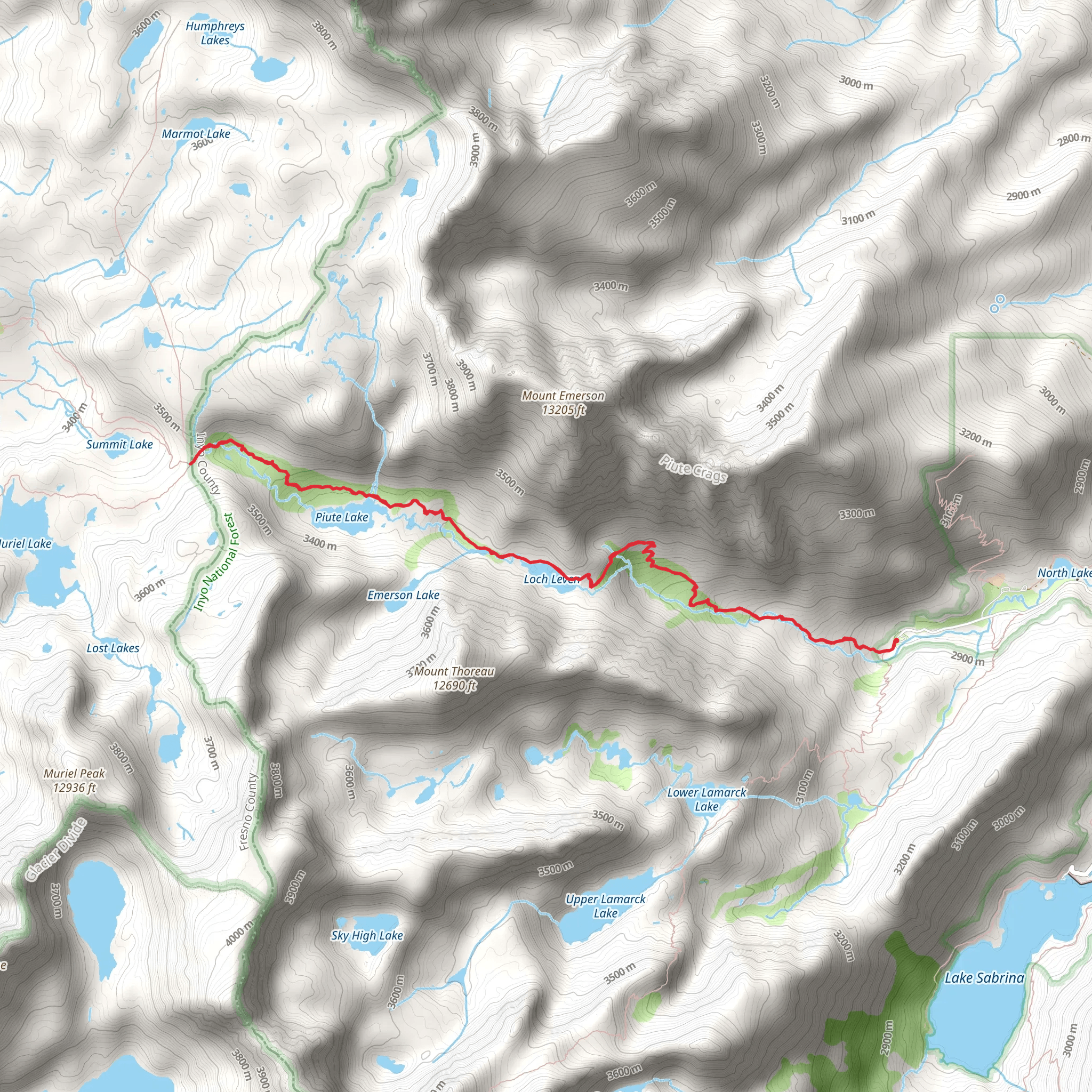 Piute Pass Trail via Piute Lake and Loch Leven mobile static map