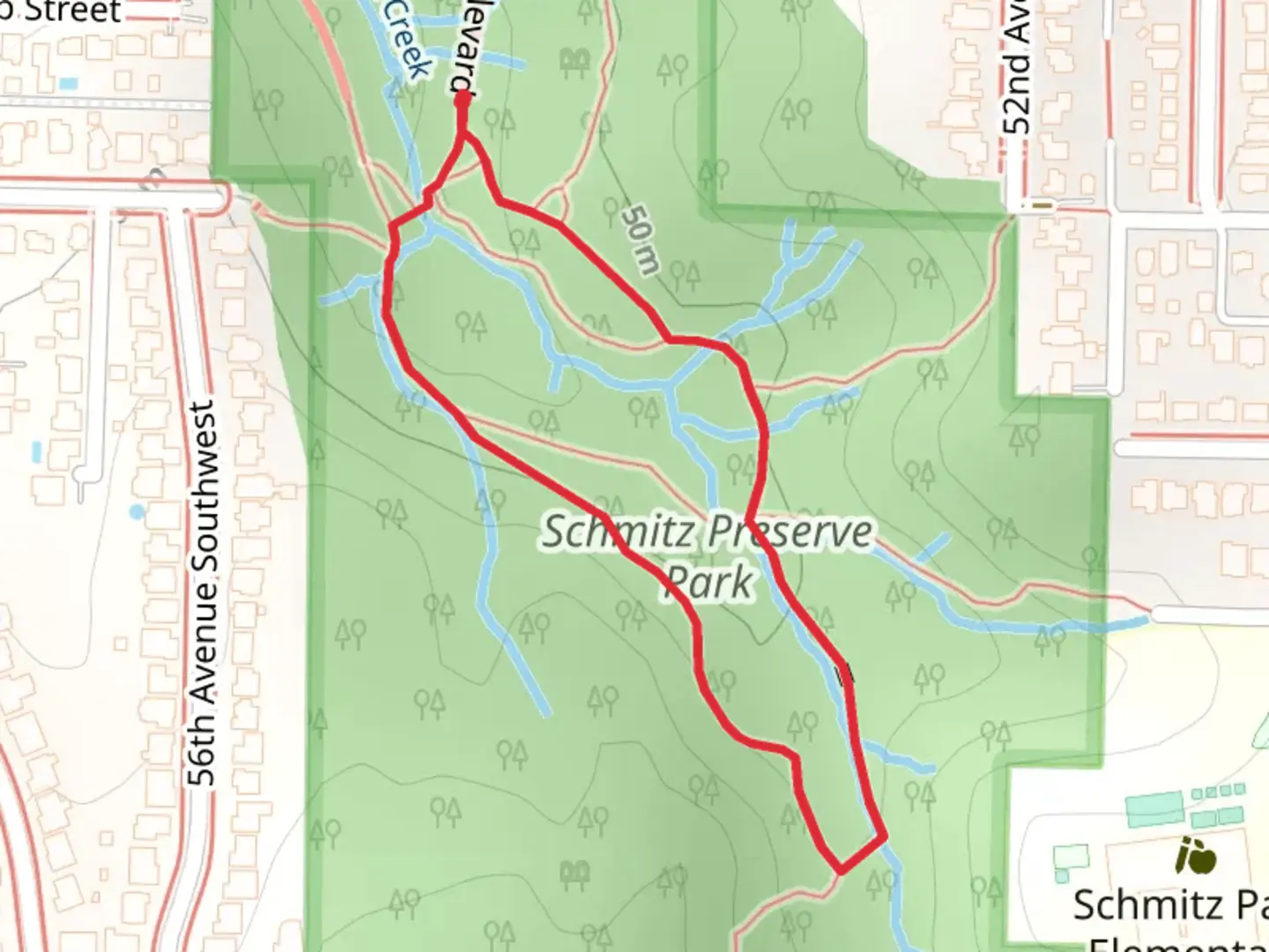 An image depicting the trail Schmitz Preserve Park Loop and its surrounding area.