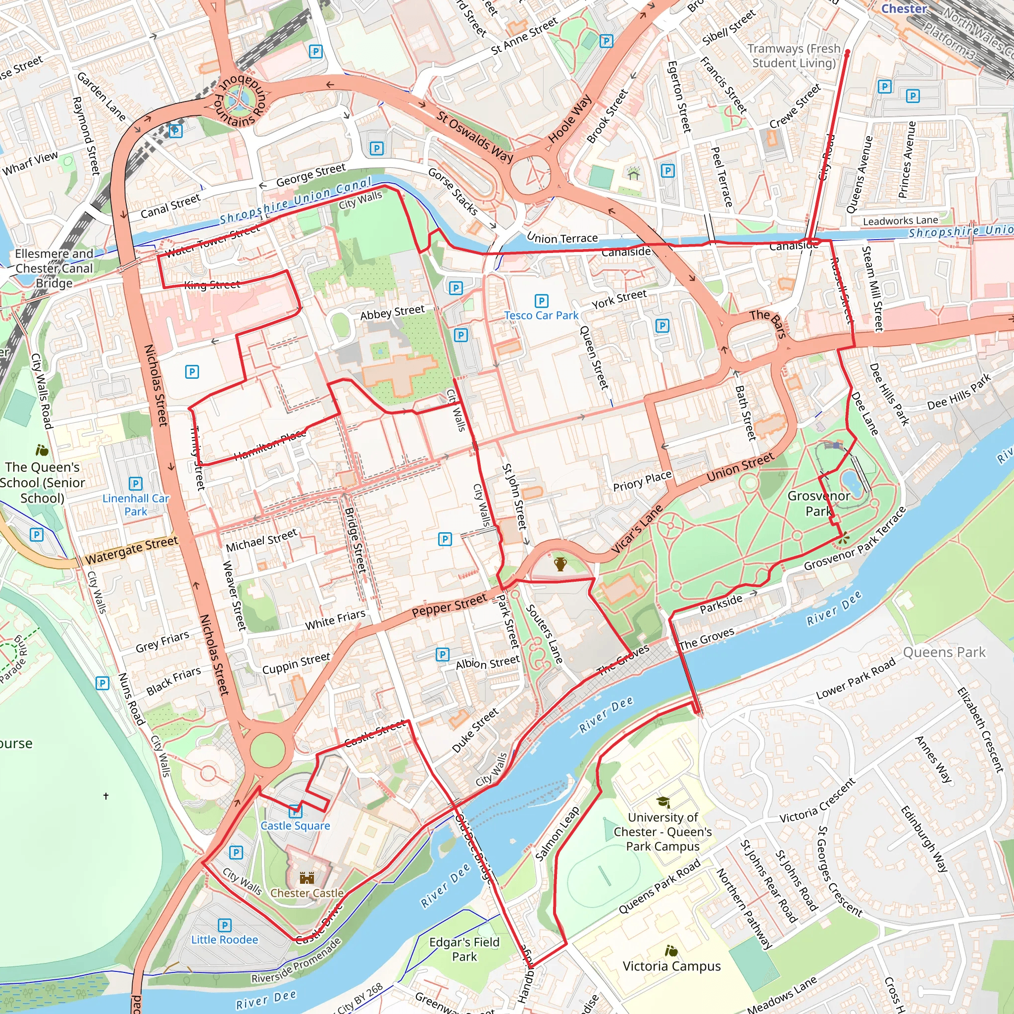 Grosvenor Park and Chester City Walls mobile static map