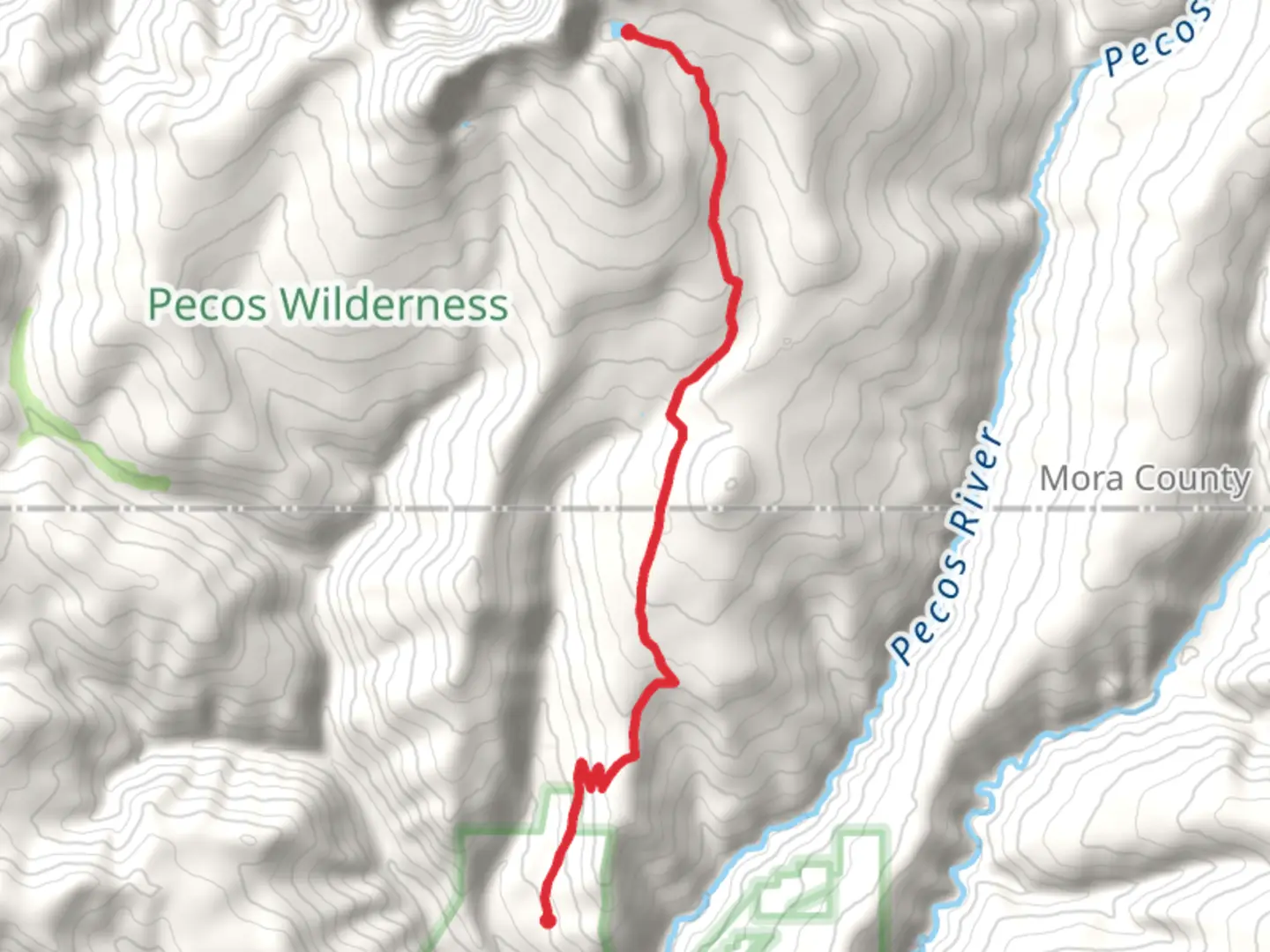 An image depicting the trail Pecos Baldy Lake, Jack's Creek Trail and Beatty's Trail and its surrounding area.