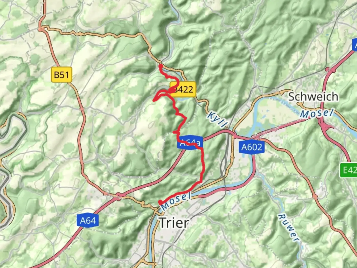 An image depicting the trail Kordel to Trier Pallien Walk via Burg Ramstein and its surrounding area.