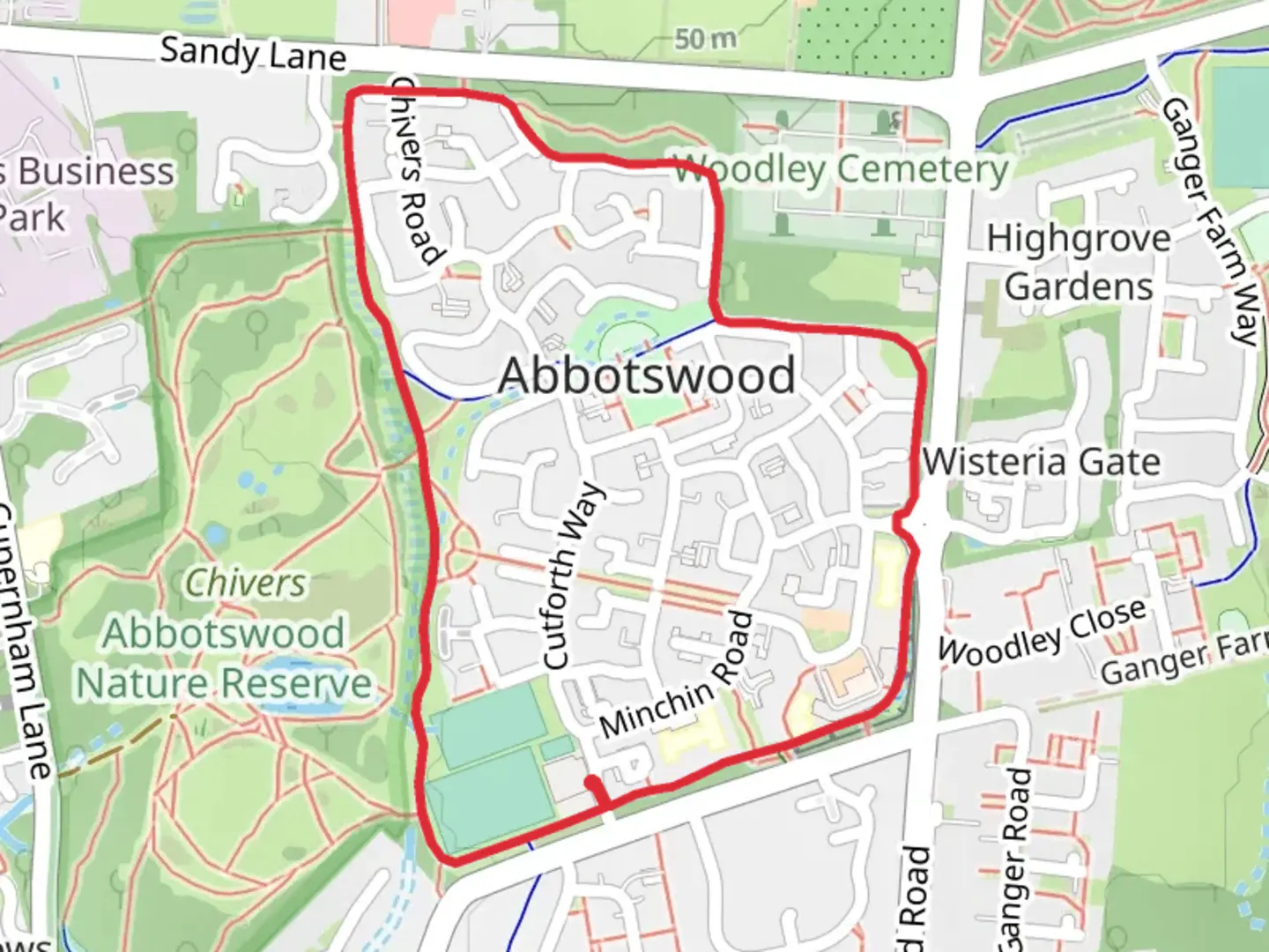 An image depicting the trail Abbotswood Circular Path and its surrounding area.