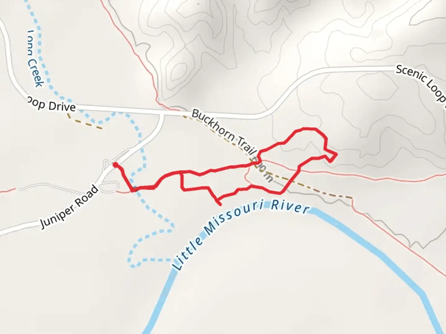 An image depicting the trail Little Missouri Nature Loop Trail and its surrounding area.