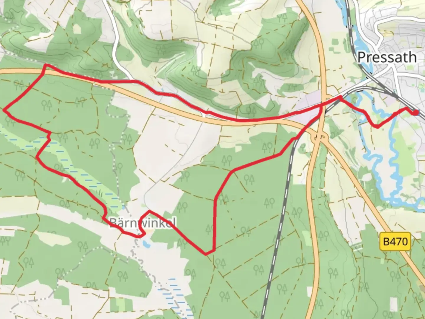 An image depicting the trail Pressather Rundwanderweg and its surrounding area.