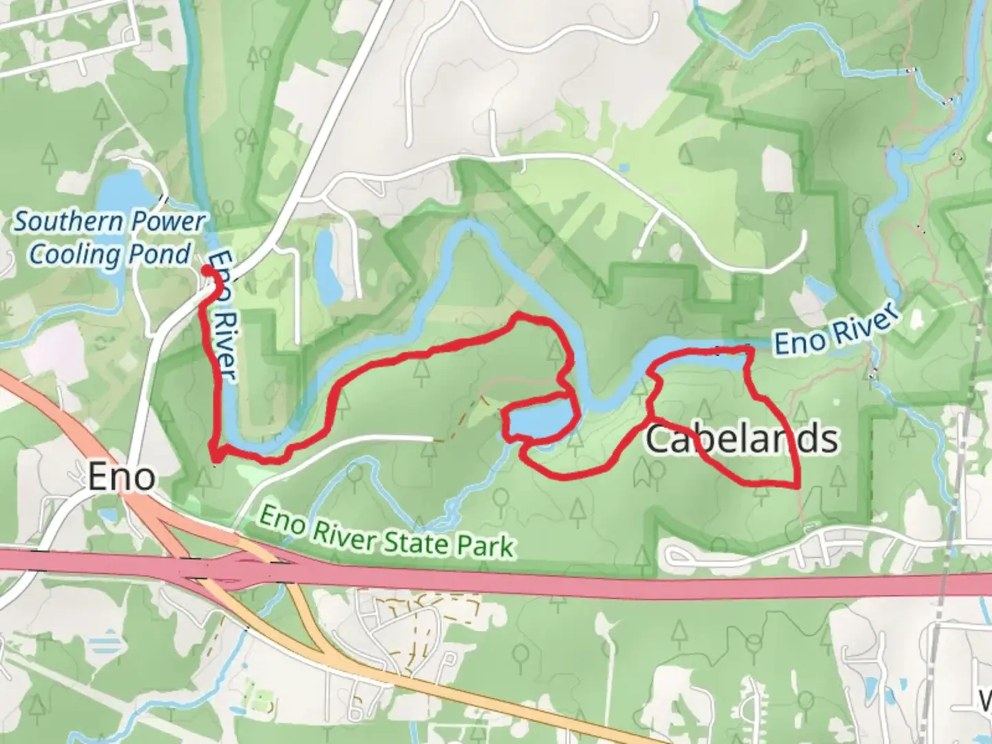 An image depicting the trail Laurel Bluffs, Eno River Quarry and Cable Lands Loop Trail and its surrounding area.