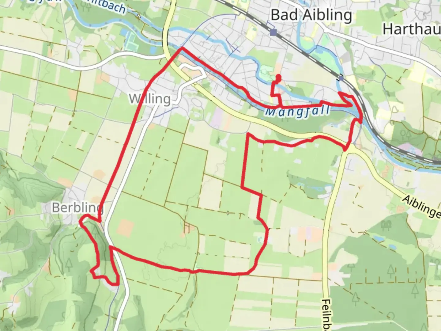 An image depicting the trail Mangfall via Schwer and Bad Aibling and its surrounding area.