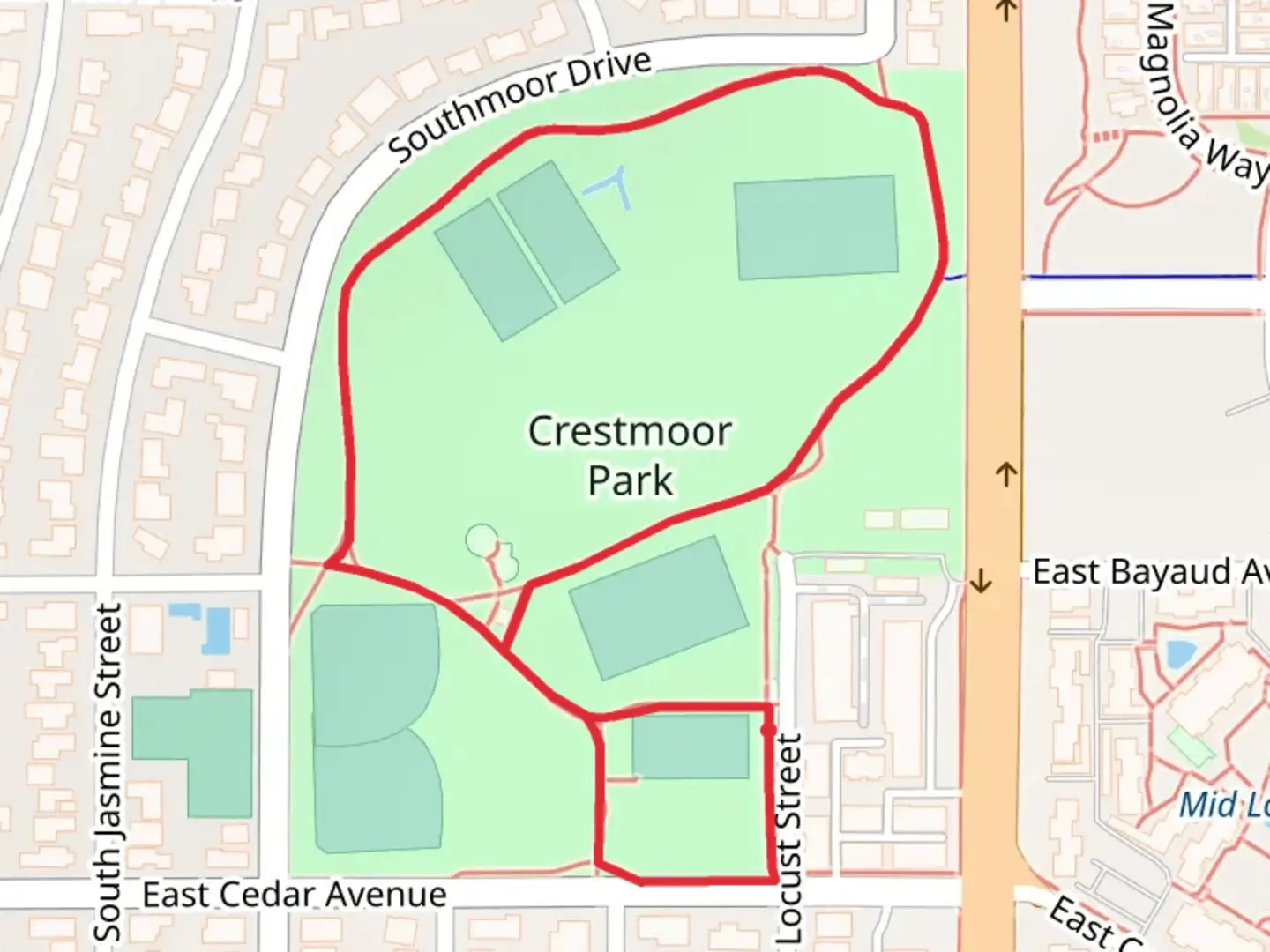 An image depicting the trail Crestmoor Park Loop and its surrounding area.